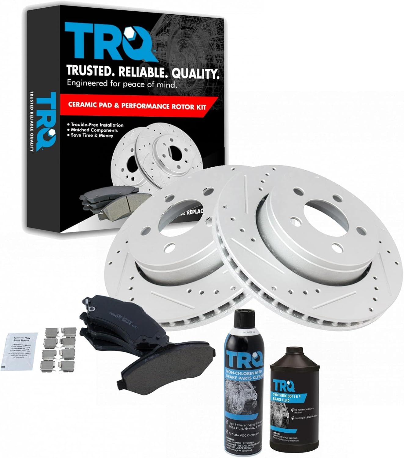 TRQ Front Performance Brake Pad & Rotor Kit Brake Chemical Kit Brake Pads Brake Rotors Set Ceramic Premium G-Coated Compatible with 2007-2011 Dodge Nitro 2008-2012 Jeep Liberty