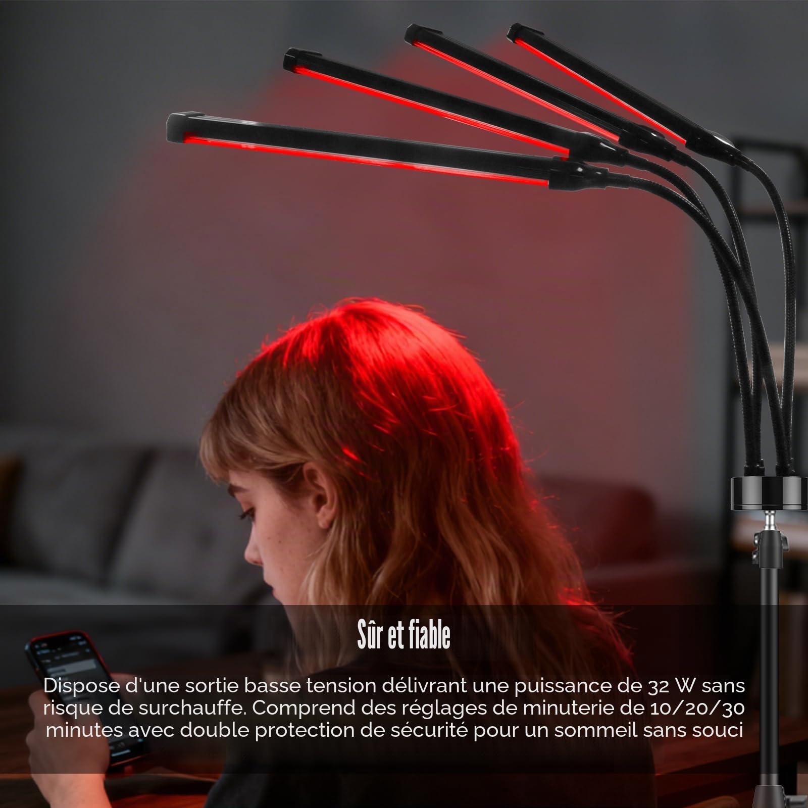 Lampe Rouge Infrarouge 660/850nm, 180 LED, 4 Têtes, Trépied | 180 LED triple puce, 4 têtes 360°, trépied rétractable, contrôle P1-P5 et arrêt auto 10/20/30 min