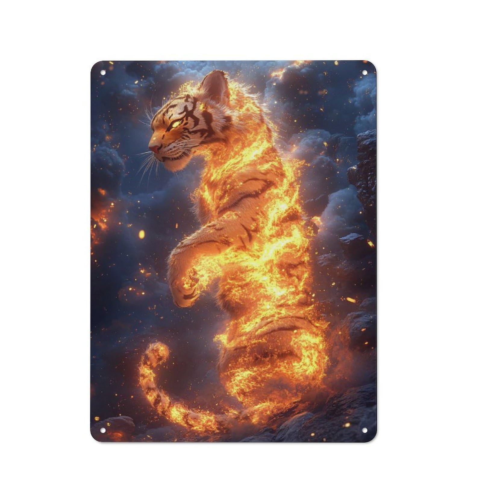 Metal Wall Sign with Fiery Tiger Standing Amidst Smoky Landscape Design 40x30cm, Modern Retro Urban Room Decor for Workspace, Cafe, Hallway Or Garage