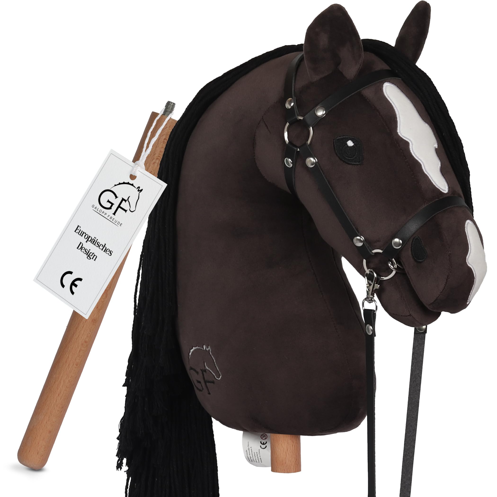 GaloppFreude® Hobby Horse Pferde Braunschecke – Großes A3 Steckenpferd mit Schraubstab & Trense – Hobby Horsing Pferd zum Reiten für Kinder & Stockpferd mit Langer Mähne – Inkl. Horse Zubehör