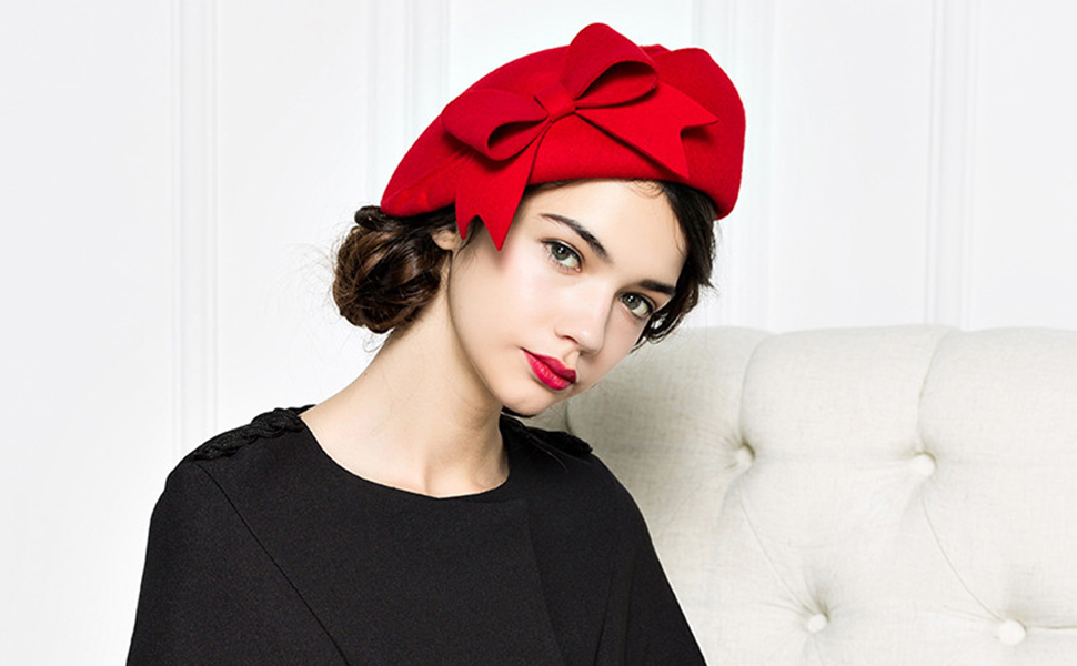 French Berets Caps Bowknot for Women Wool Beret Winter Cap  display picture 2