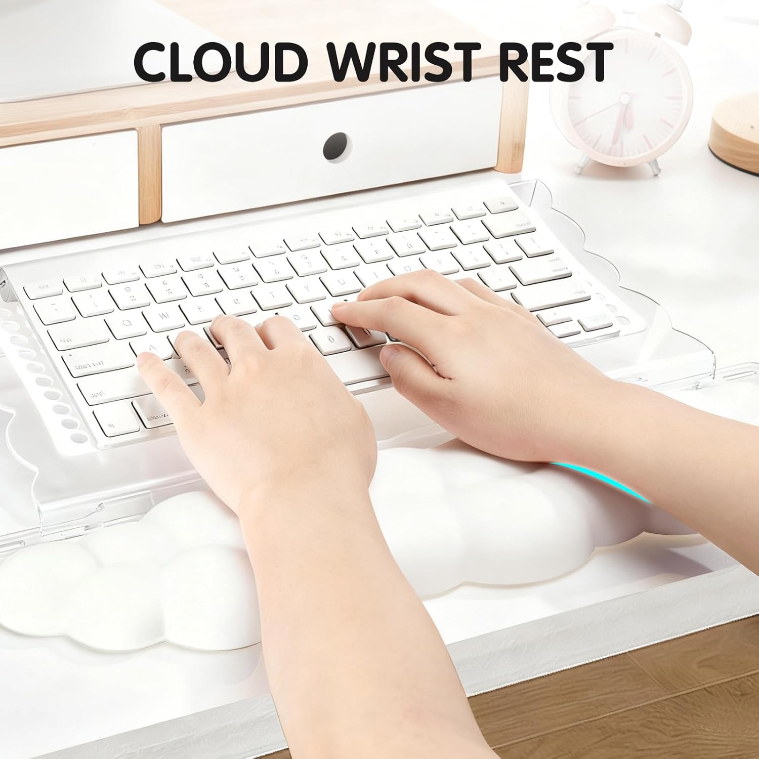 Ergonomic Keyboard Wrist Rest,Adjustable Tilt Stand Combo,White Acrylic Cloud Comfort Wrist Support, Customizable Width Riser for Home,Office Desk - Portable Comfortable Typing (White)