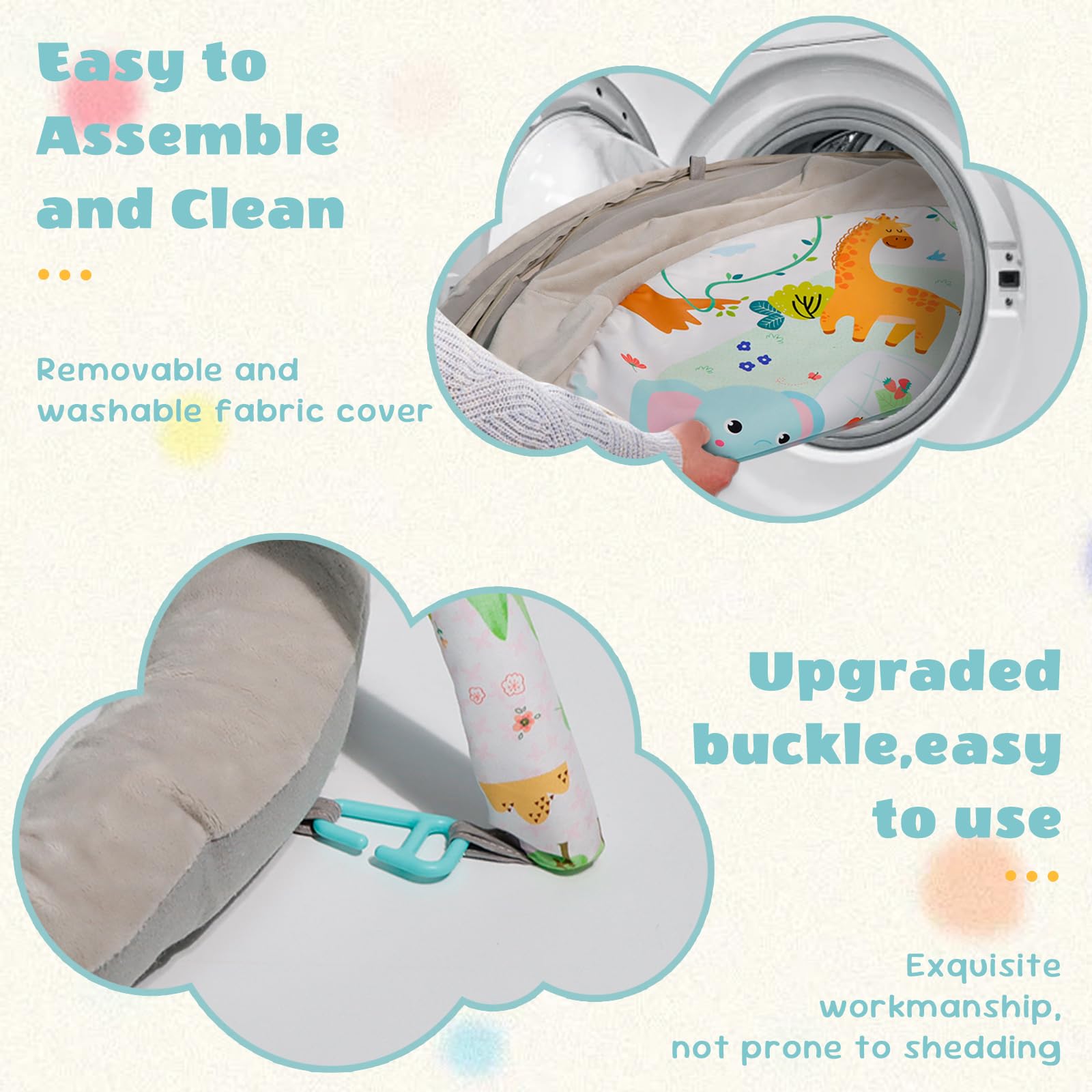 Tapis de jeu de bébé, Gymnase de jeu de bébé, Tapis de jeu en peluche avec 6 jouets et Coussin de lune, Gymnase de bébé de conception de Zoo détachable pliable pour les bébés âgés de 0 à 18 mois.