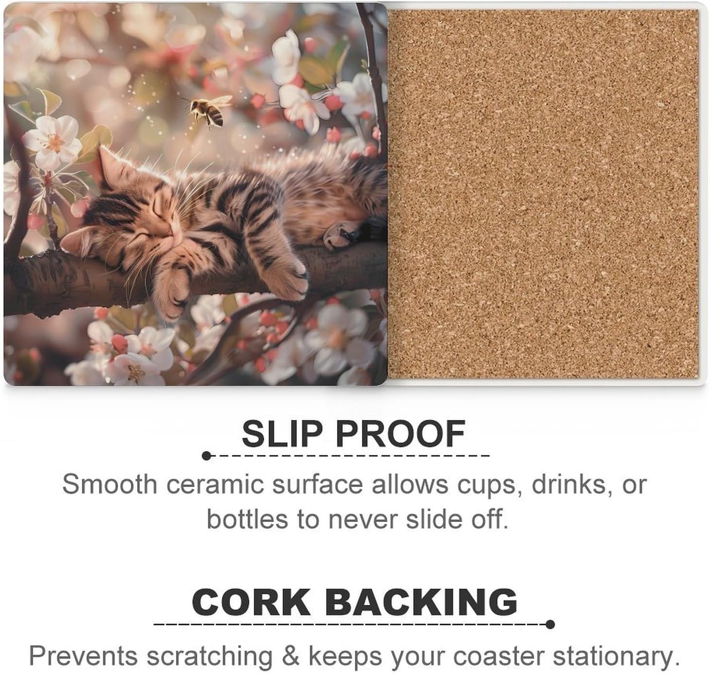 Cat Coaster for Drinks Square Ceramic Table Coasters Stone Mat Crafts 4PCS Home Kitchen Decor