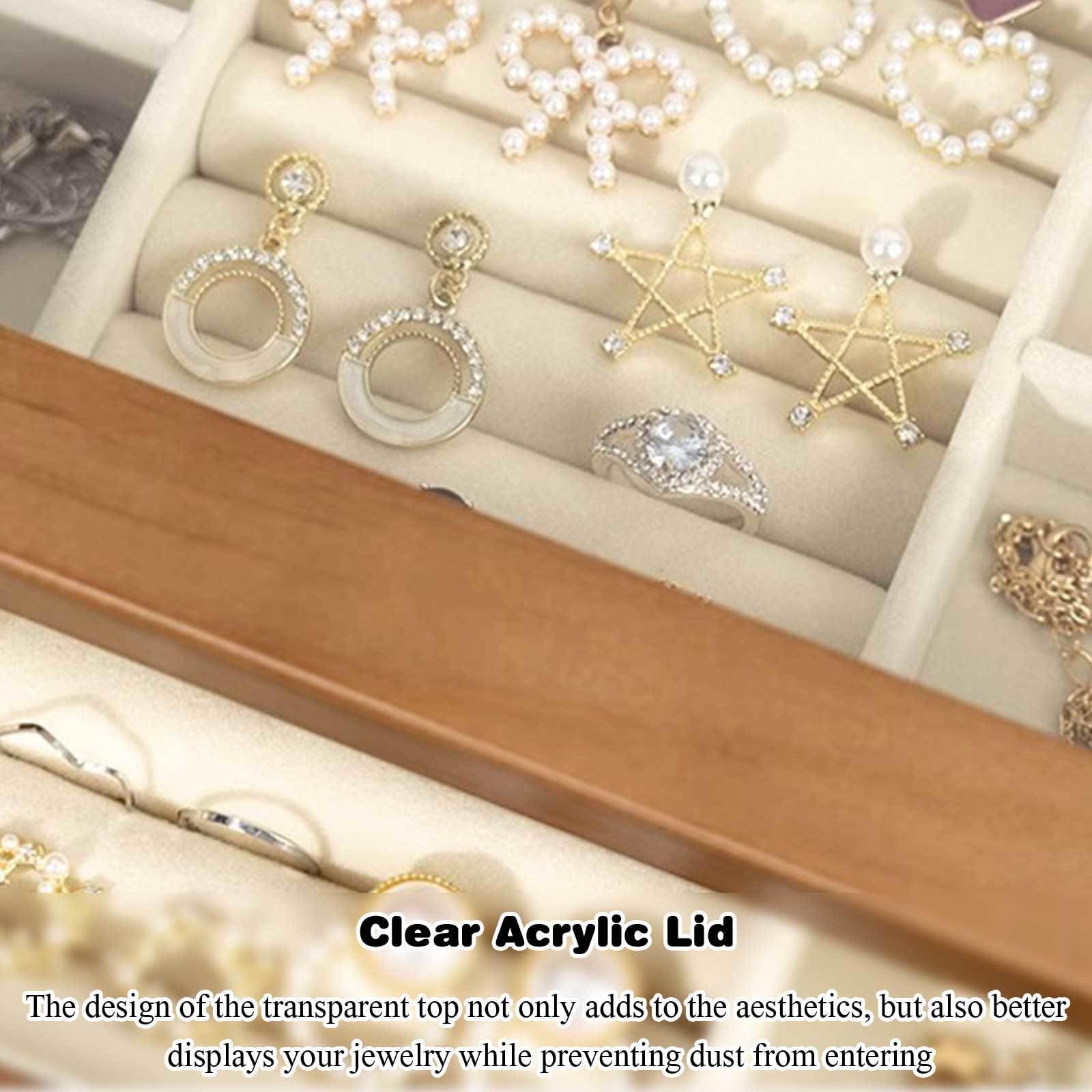 Joyero de madera, organizador vintage con tapa de cristal transparente, estuche de almacenamiento rústico de dos capas para anillos, collares y broches