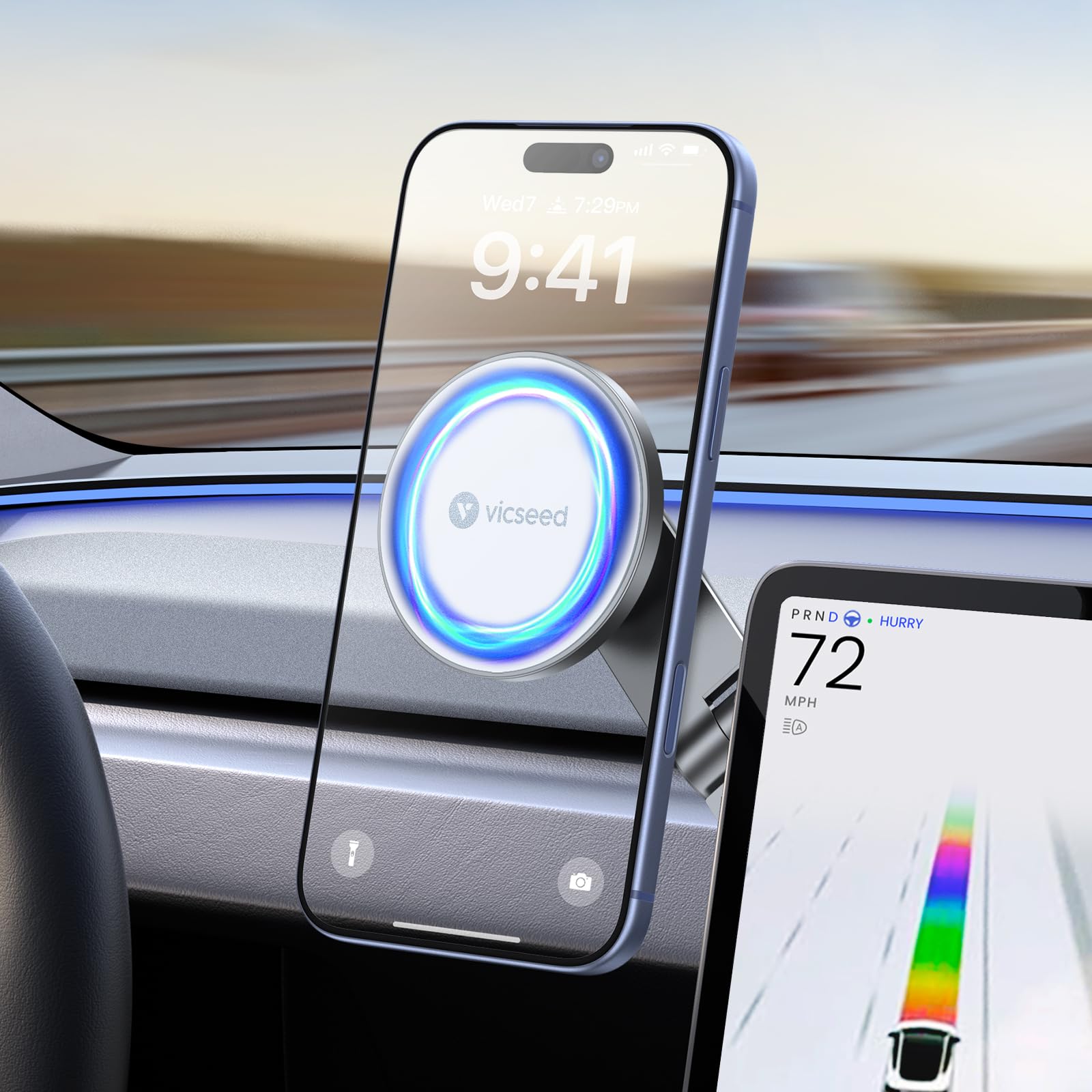 VICSEED Tesla Phone Mount【Strongest Magnet Power】 Foldable Hidden Tesla Phone Holder Fit for All Phones, Tesla Model 3/Y/Cybertruck Accessories, Tesla Model 3 Model Y for MagSafe Car Mount - White