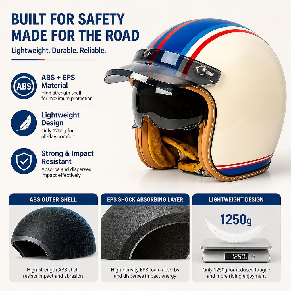 Casco Moto Jet Retro Omologato ECE con Visiera Parasole Sgancio Rapido, Casco Scooter 3/4 Vintage Interni Lavabili per Cafe Racer Custom Cruiser Uomo