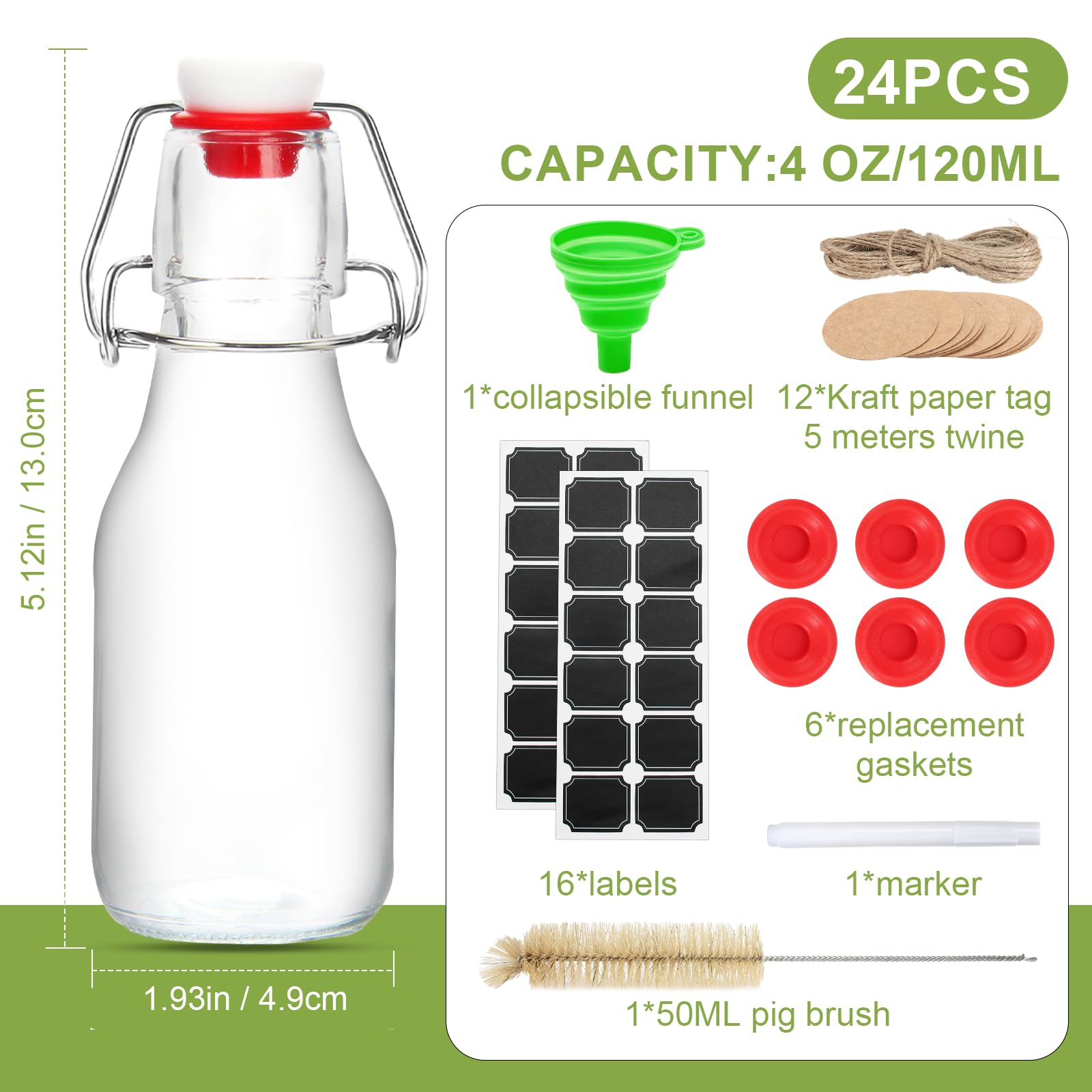 Ruckae 24 Pack 4oz Swing Top Glass Bottles with Lids Kombucha Coquito Flip Top Glass Bottle for Syrup Vanilla Extract Brew Beer Kefir Air Tight Bottles for Gift (4 oz 24 pack)