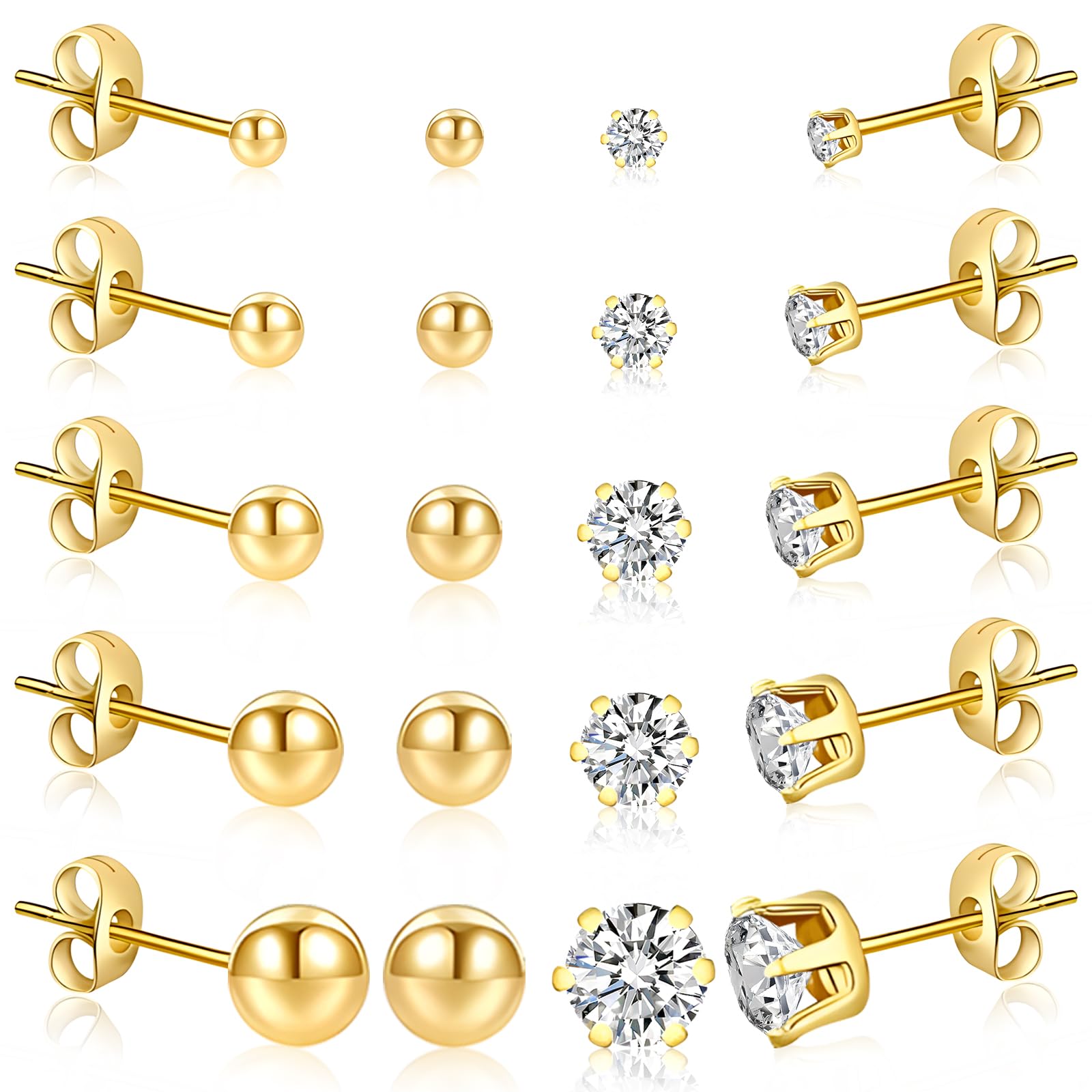 jagosen 10 Pairs Surgical Stainless Steel Stud Earrings Set for Women Men Hypoallergenic Cubic Zirconia and Ball Earrings Studs for Multiple Piercing