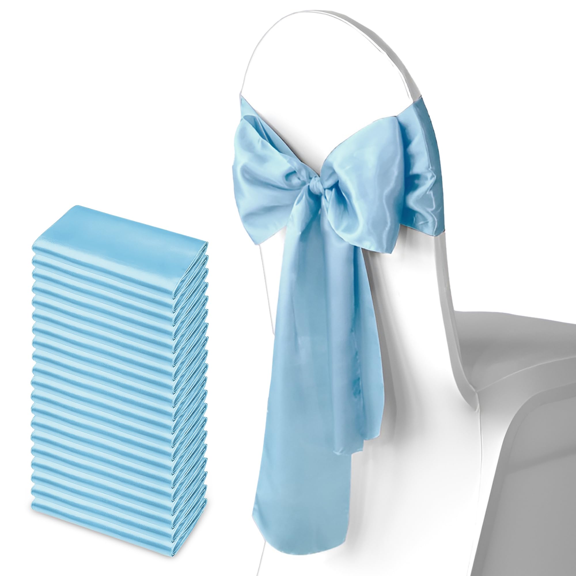Trimming Shop Baby Blue Satin Chair Sash Wider Fuller Bows Chair Sashes Hammed Edges Bow Back Tie for Wedding Birthday Party Banquet Event Decoration, 25pcs