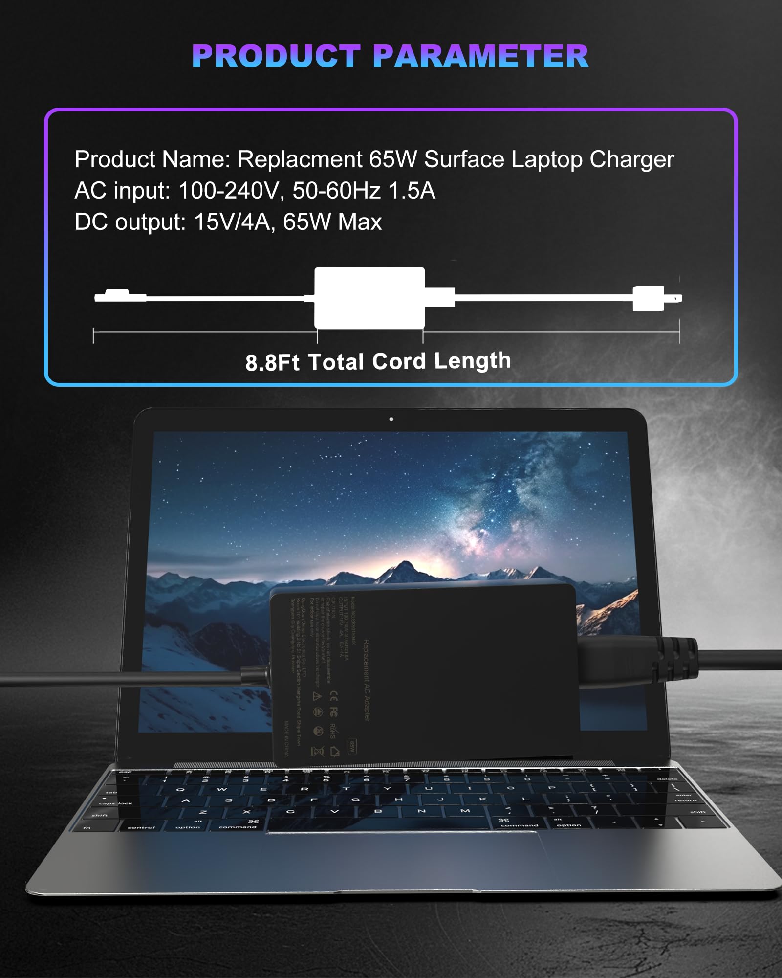 Caricatore Surface da 65 W, compatibile con Microsoft Surface Pro Laptop 10, 9, 8, 7+, 7, 6, 5, 4, 3, X, Windows Surface Laptop 6, 5, 4, 3, 2, 1, Surface Go/Book 3, 2, 1, Microsoft Surface