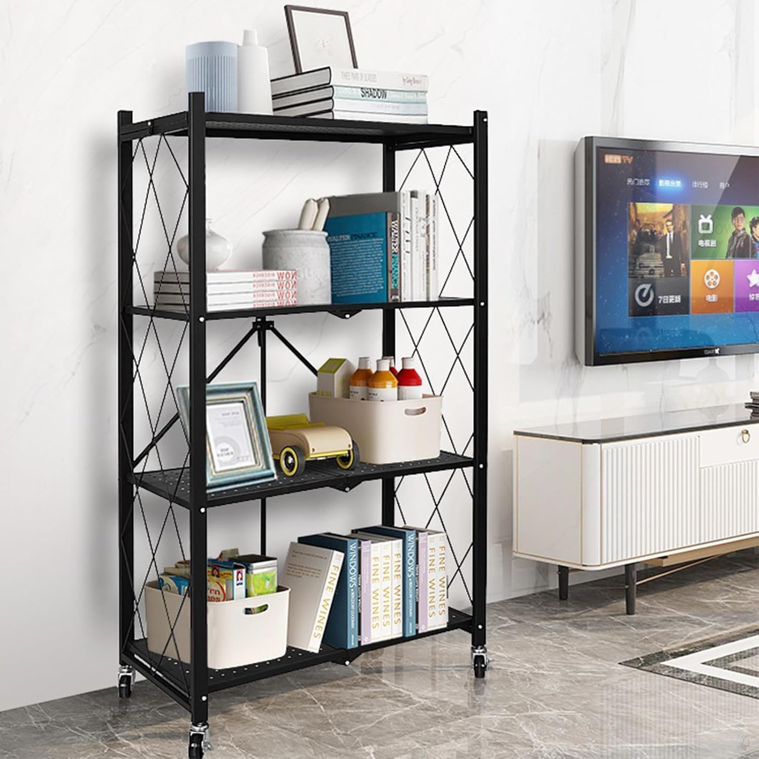 Life Hacks 2pcs 3-Tier Foldable Shelves for Storage, No Assembly Required, Folding Shelf Unit Pantry Shelves with Wheels, Metal Shelving Storage Rack Shelf for Kitchen Garage Home