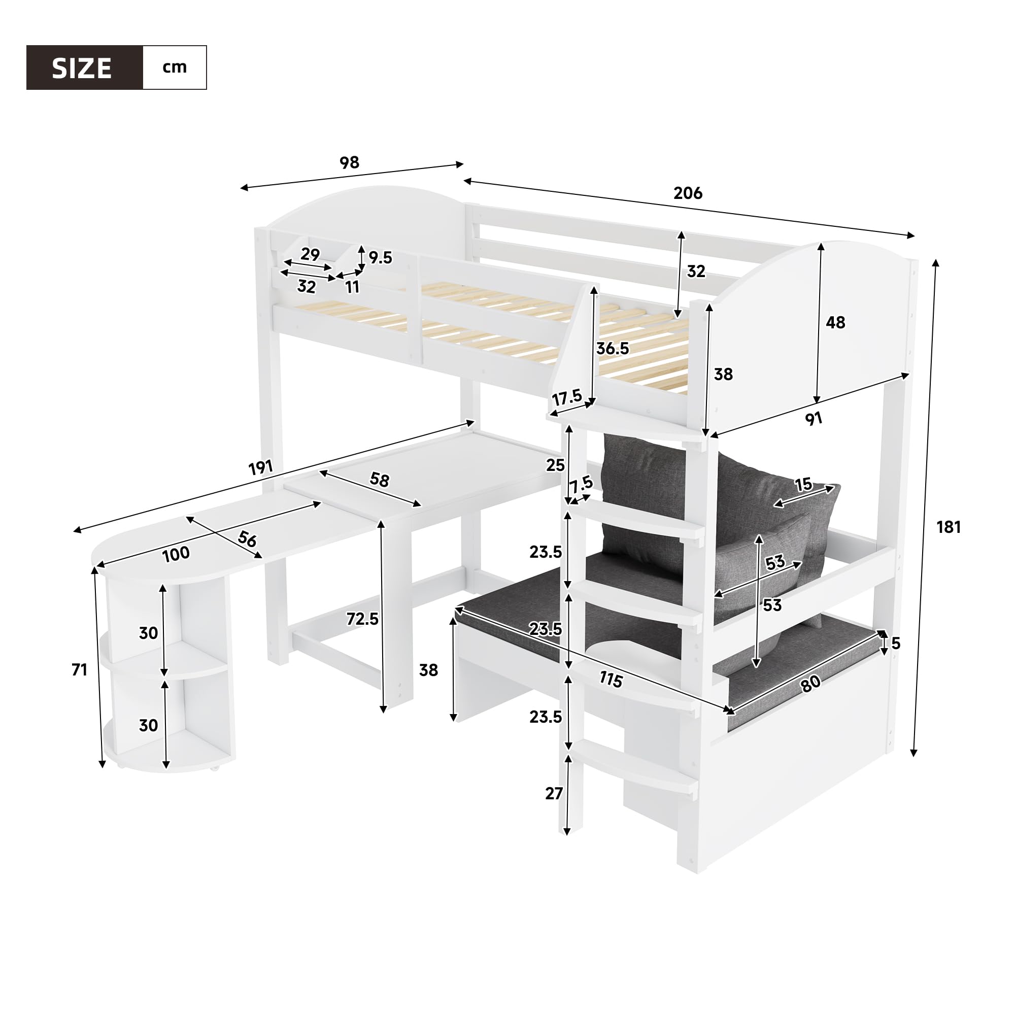 Multifunktionales Kinderbett 90x200cm, Etagenbett Hochbett mit ausziehbarem Tisch, Sofa mit Stauraum, Sitzkissen, Kissen und Lagerregale, Stockbett Kinderhochbett Jugendhochbett, Ohne Matratze, Weiß