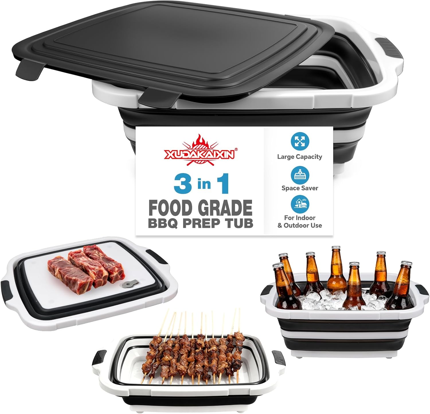 Collapsible BBQ Prep Tub for Meal Prep, Marinating, and Food Storage - Includes Cutting Board and Locking Lid,Ideal Gifts for Christmas,Dad,mother (X-Large) Black (X-Large)Black