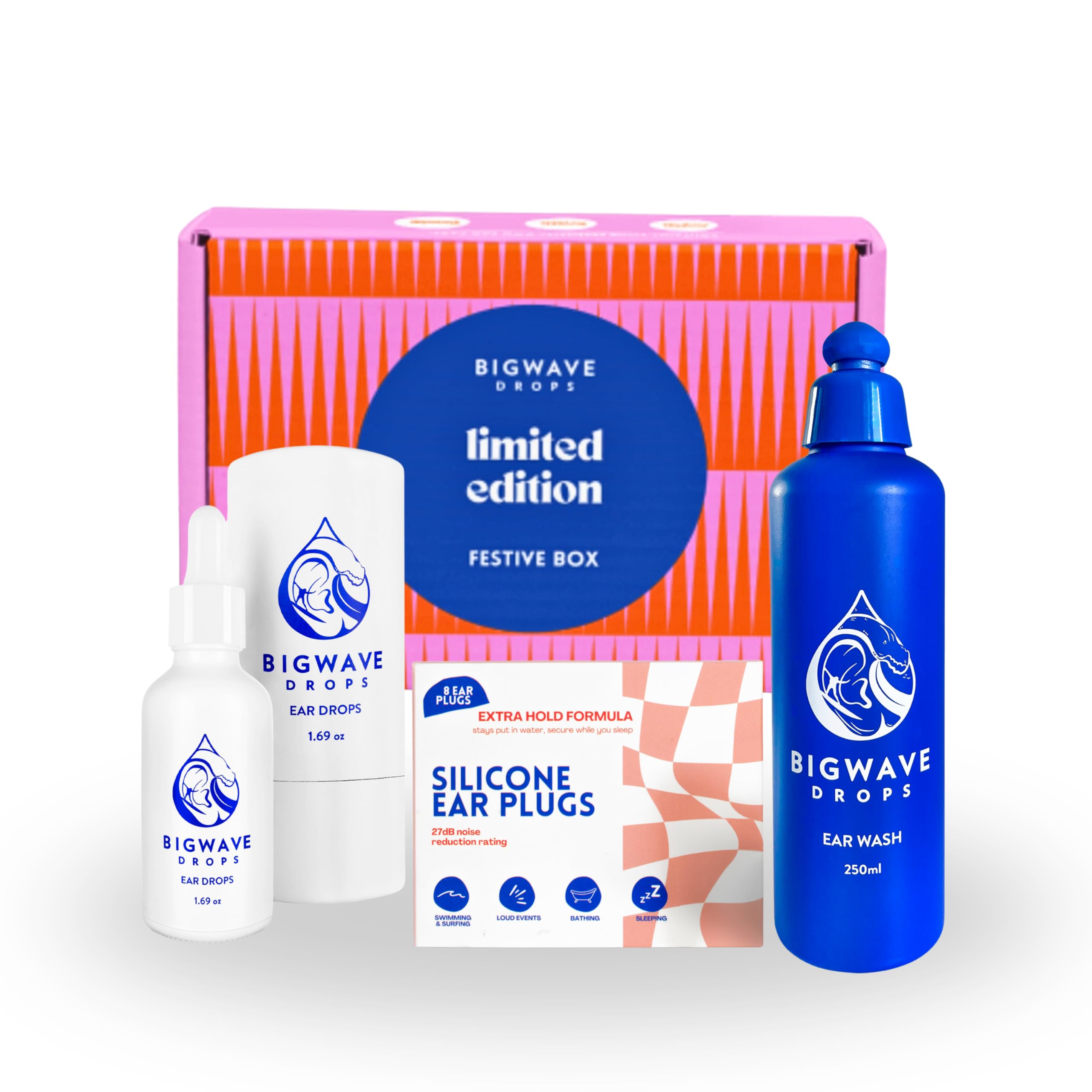 BigWave Drops Beach Box Swimmer Gift - Includes Ear Drops, Ear Wash & Silicone Ear Plugs - Gift Boxes for Water Athletes, Divers, Travelers & More - Ear Care Products for Men, Women, Kids & Adults