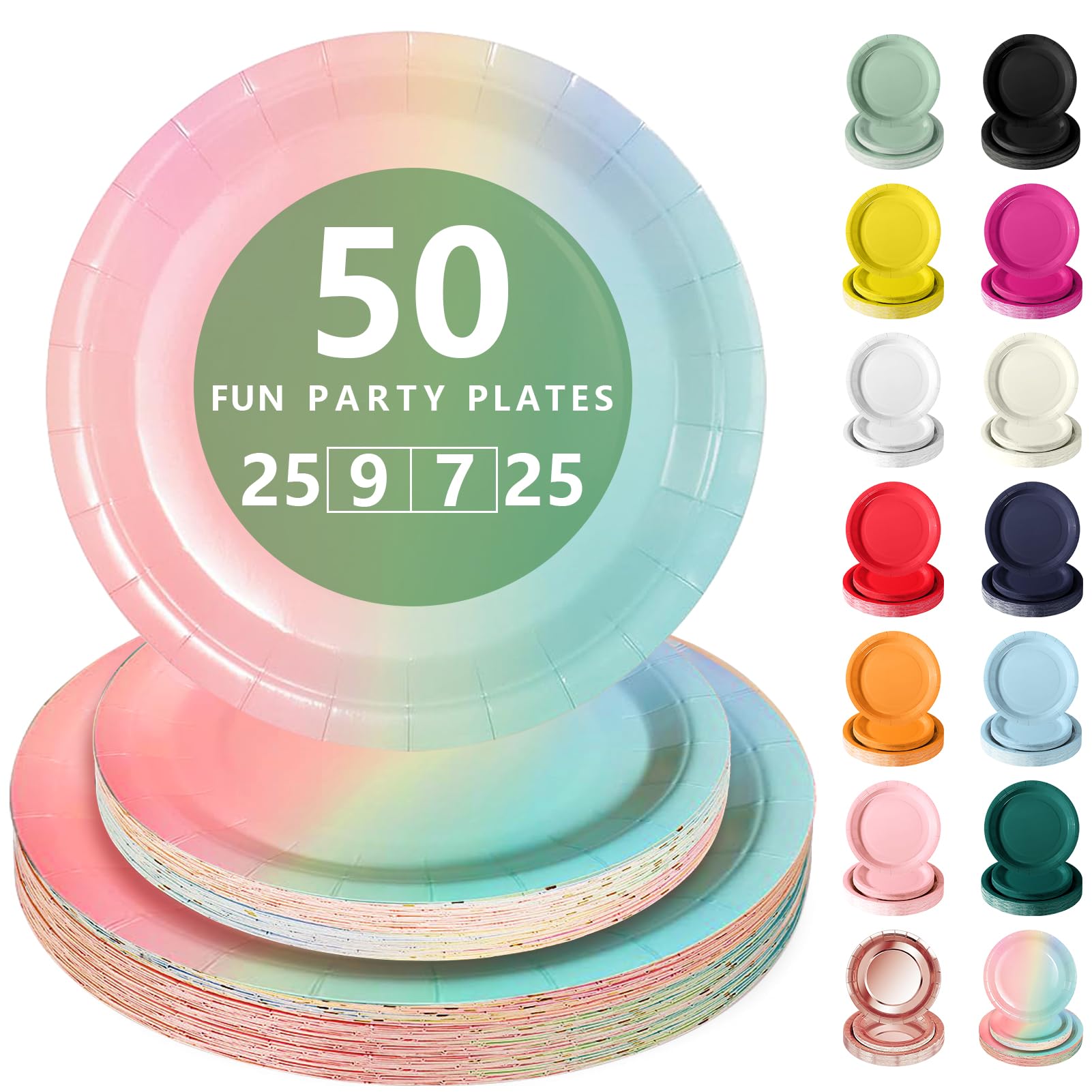 Nkaiso Disposable Paper Plates 50 Pack, Rainbow Party Plates Dinner Set - 25x9inch & 25x7inch Plate Elegant Disposable Tableware for Birthday, Wedding, Christmas Party Supplies â image 1