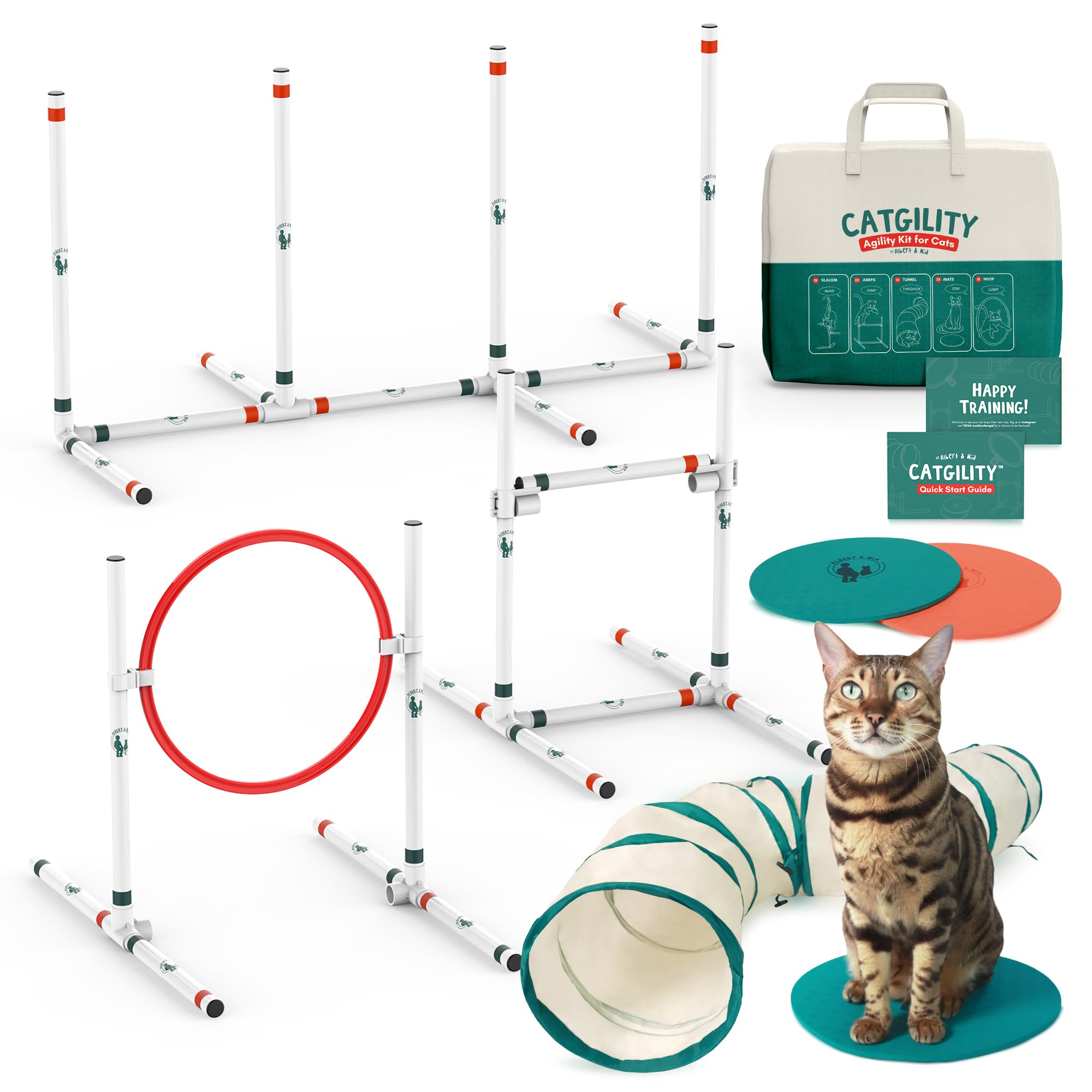 CATGILITY Cat Agility Equipment + Clicker Trainer Guide – Exercise Agility Course – Jumping Hurdles & Hoop, Tunnel (Small Dog & Cat Training) Clicker Training Obstacle Course for Cats