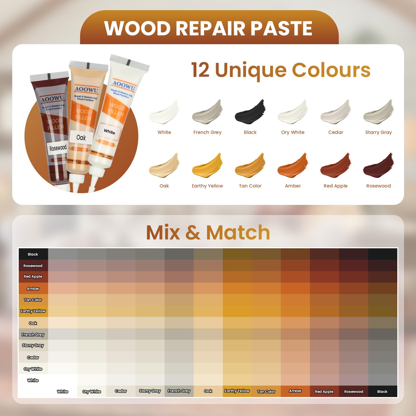 AOOWU Kit di Riparazione di Mobili, 12 Colori Set di Riparazione in Laminato, Kit di Riparazione per Legno, Stucco per Legno Riparare Eventuali Graffi, Crepe, Fori per Pavimenti, Tavoli, Porte