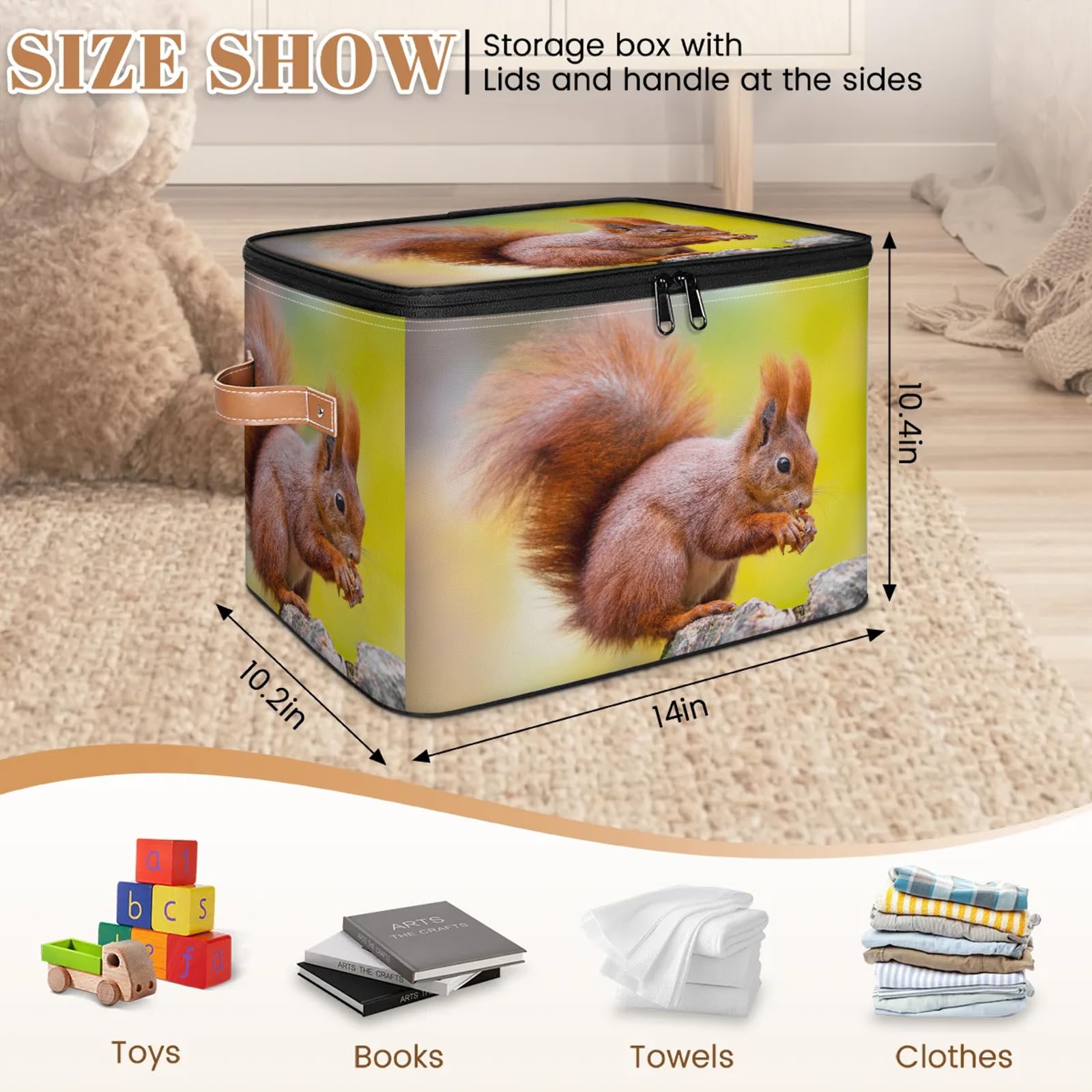 TropicalLife Niedliche Eichhörnchen-Aufbewahrungsbox, faltbar, Stoff, Eichhörnchen, großer Aufbewahrungskorb mit Reißverschluss, Deckel, Schlafzimmer, Zuhause, Kinderzimmer, Organizer für Spielzeug,