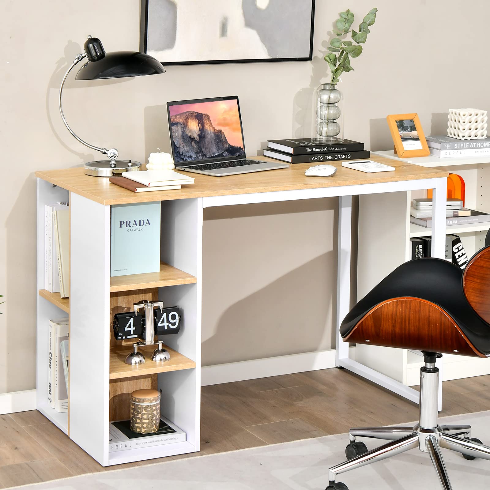 LIFEZEAL Scrivania Ad Angolo A L Reversibile Con Ripiani, Scrivania Ufficio Casa In Legno E Metallo, Max 100kg, 120x88x74,5cm (Naturale)