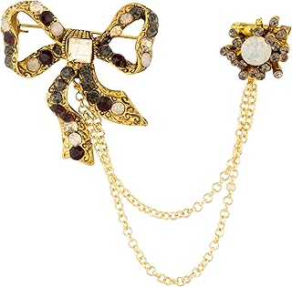 Knighthood Gold Bow with Black & White Crystals and Hanging Chain Brooch for Men – Stylish Lapel Pin for Formalwear