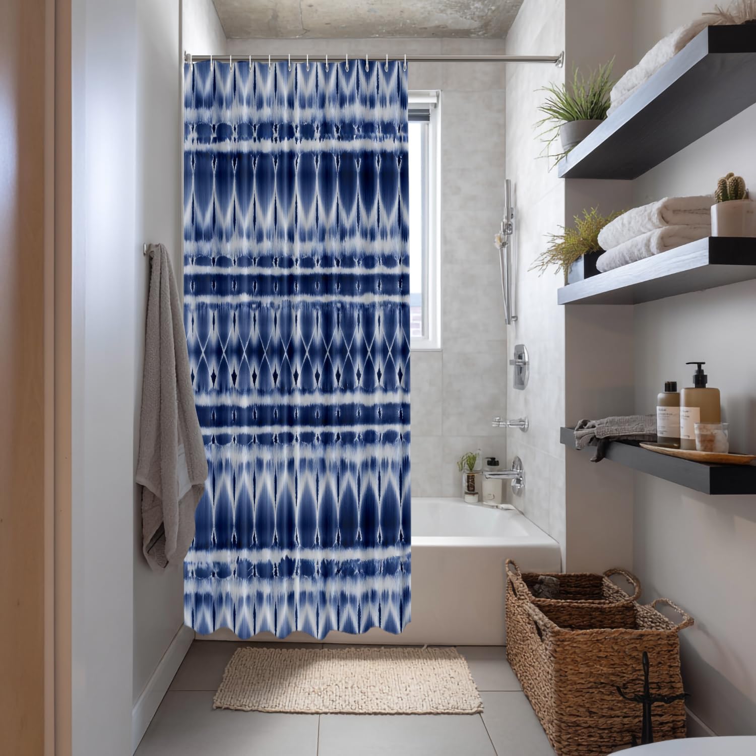 Shrahala Blue Tie Dye Decorative Shower Curtain, Shibori Striped Navy Indigo Abstract Folk Bathroom Decor Polyester Fiber Waterproof with Plastic Rings for Shower Stall Bathtubs 72 x 72 in