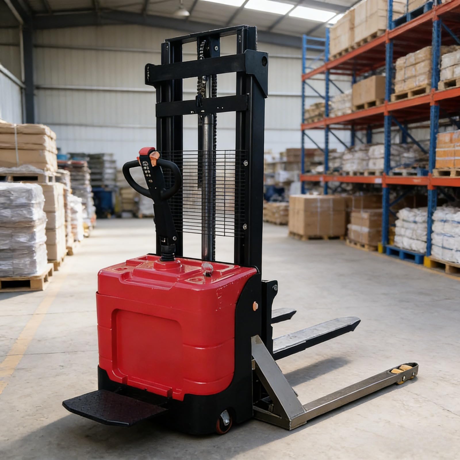 Martinetto per movimentazione pallet per corridoio stretto per logistica di magazzino, attrezzature di sollevamento di carichi industriali con base stabile, strumento di impilamento per officina per