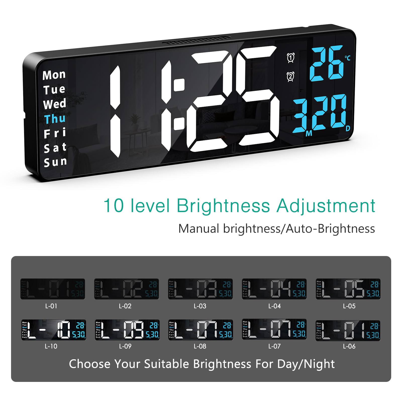 ORIA 13''Orologio da Parete Digitale, Sveglia Digitalea del Display a LED, Orologio da Tavolo con Telecomando, Display Data/Ora/Temperatura, Timer, 2 Allarmi (3.5M Cavo USB Incluso