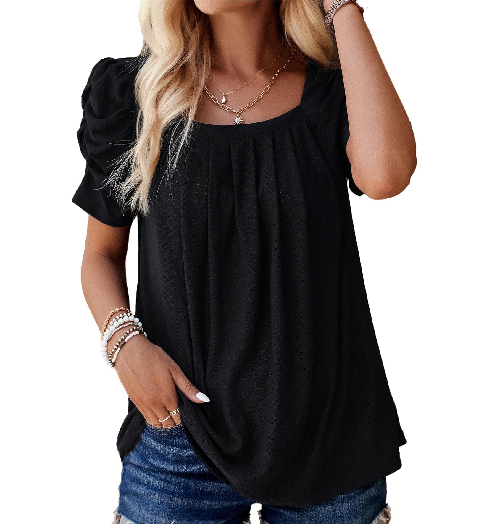 Damen Blusen Sommer Elegant Puff Kurzarm Tunika Bluse T-Shirt Basic Tee Tops Quadratischer Hals Öse Lässige Schickes Oberteil