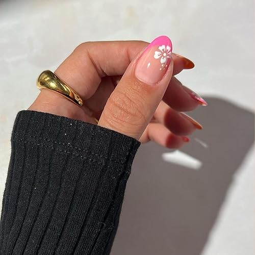 Miniatura 5 de Uñas postizas a presión con punta francesa, uñas postizas florales de almendra, uñas postizas de flores blancas con diseños, uñas con pegamento