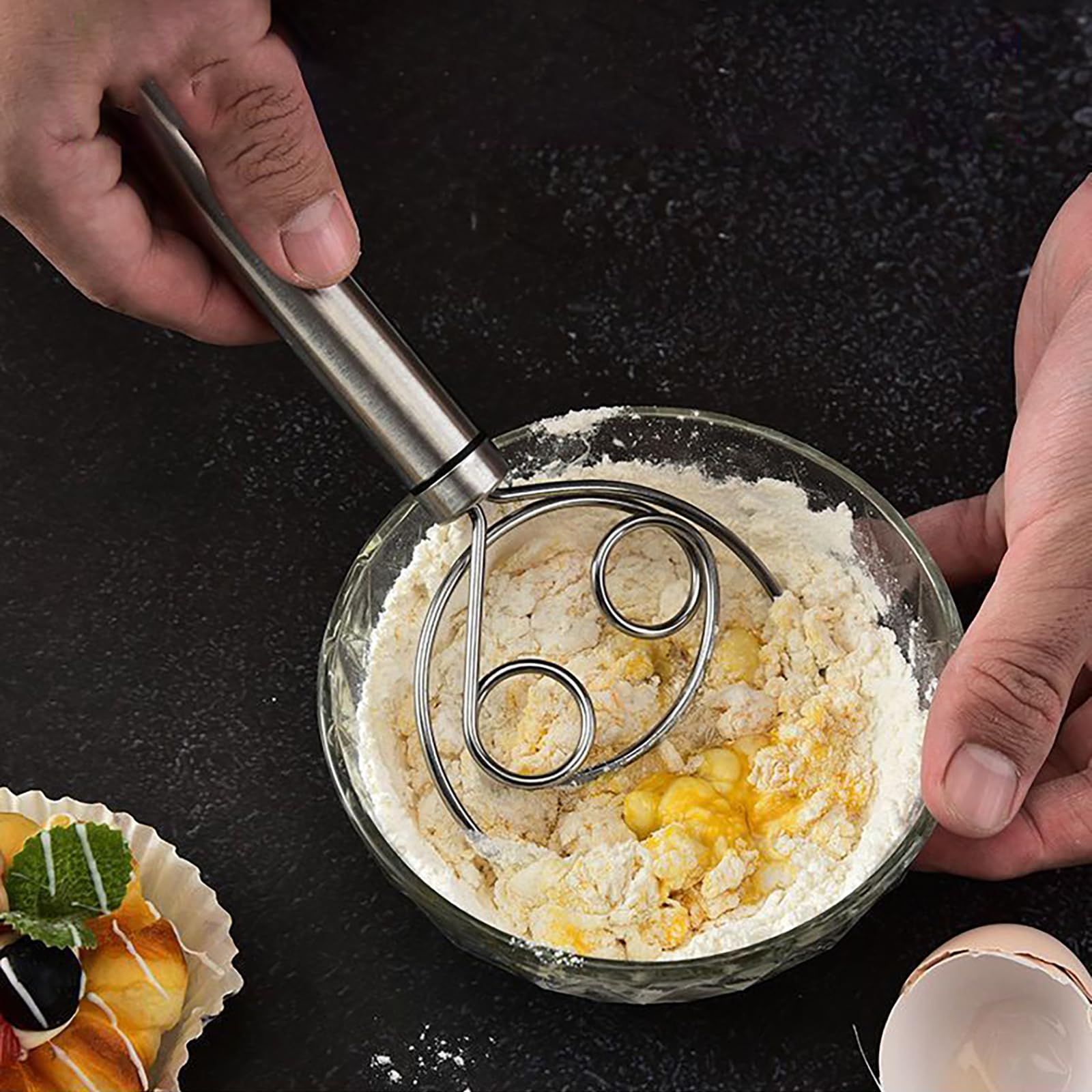 Sbattitore manuale per impasto, frusta magica per impasto, in acciaio inox, per uso alimentare, per impastare pane, torte, pizza e biscotti (1, A