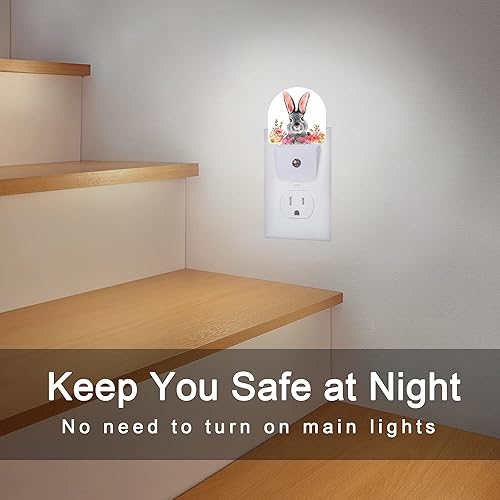 Miniatura 6 de Luz de noche de Pascua, lindo conejo con luces nocturnas de flores enchufables a la pared, lámpara LED con sensor de atardecer a amanecer, 0.5 W