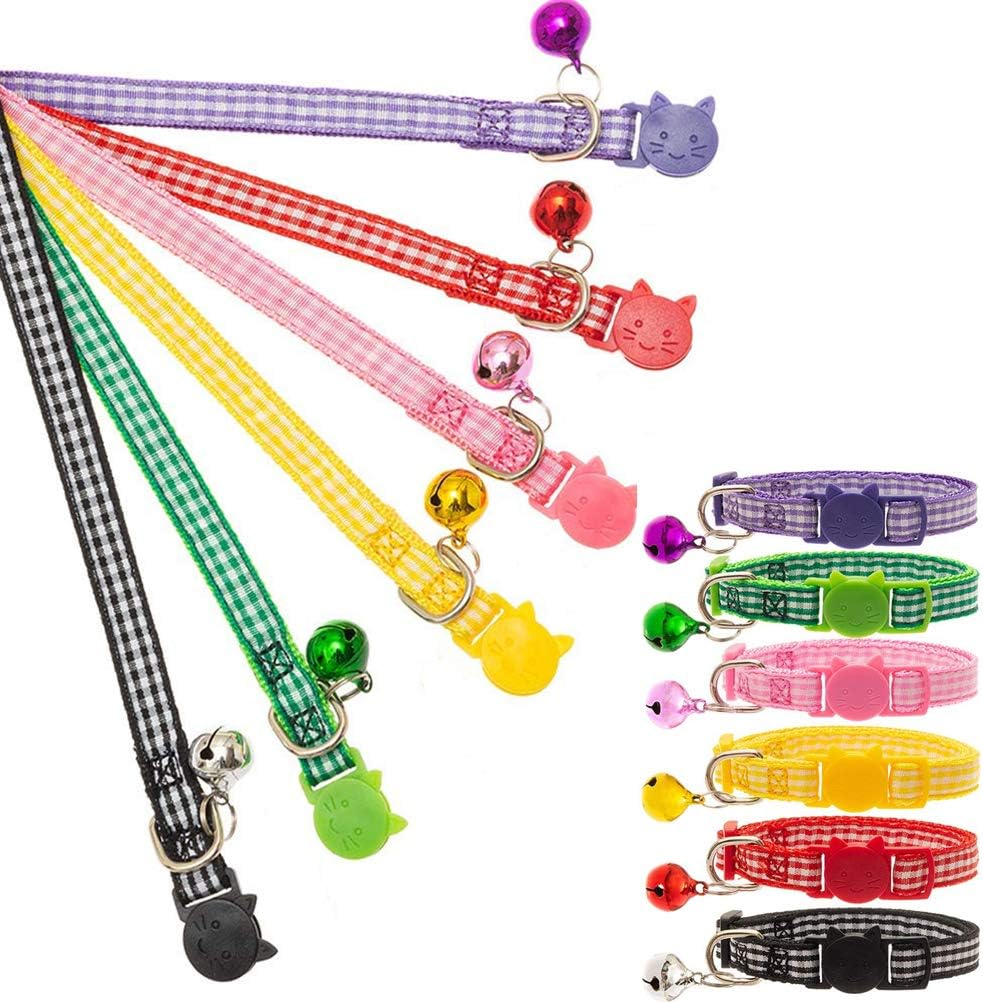 EXPAWLORER Plaid Breakaway Cat Collars 6 Packs Adjustable Colorful Nylon Safety Pet Collar with Bells