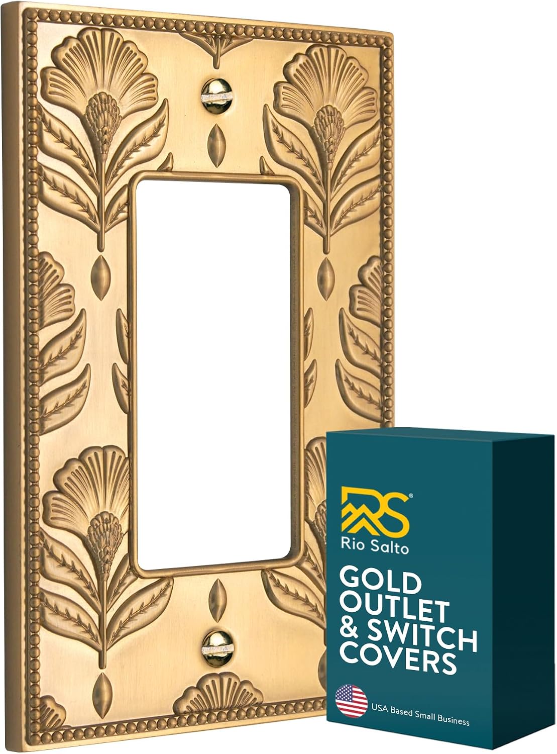 Rio Salto Gold Decorative Light Switch Cover Plate Brushed Gold Premium Metal Switch Plate Covers Outlet Covers Rocker Decorator Paddle GFCI Wall Plates — Nouveau Collection, Midsize, 3.13" x 5"