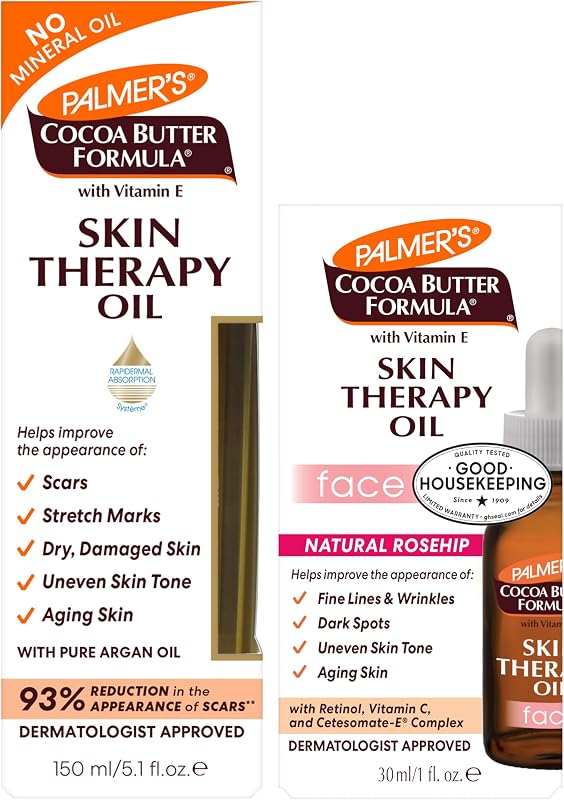 Palmer's Skin Therapy Face Oil (1 fl Oz) + Body Oil (5.1 fl Oz) Bundle with Cocoa Butter, Vitamin E & C & Retinol, Visibly Reduces the Appearance of Stretch Marks, Fine Lines and Wrinkles