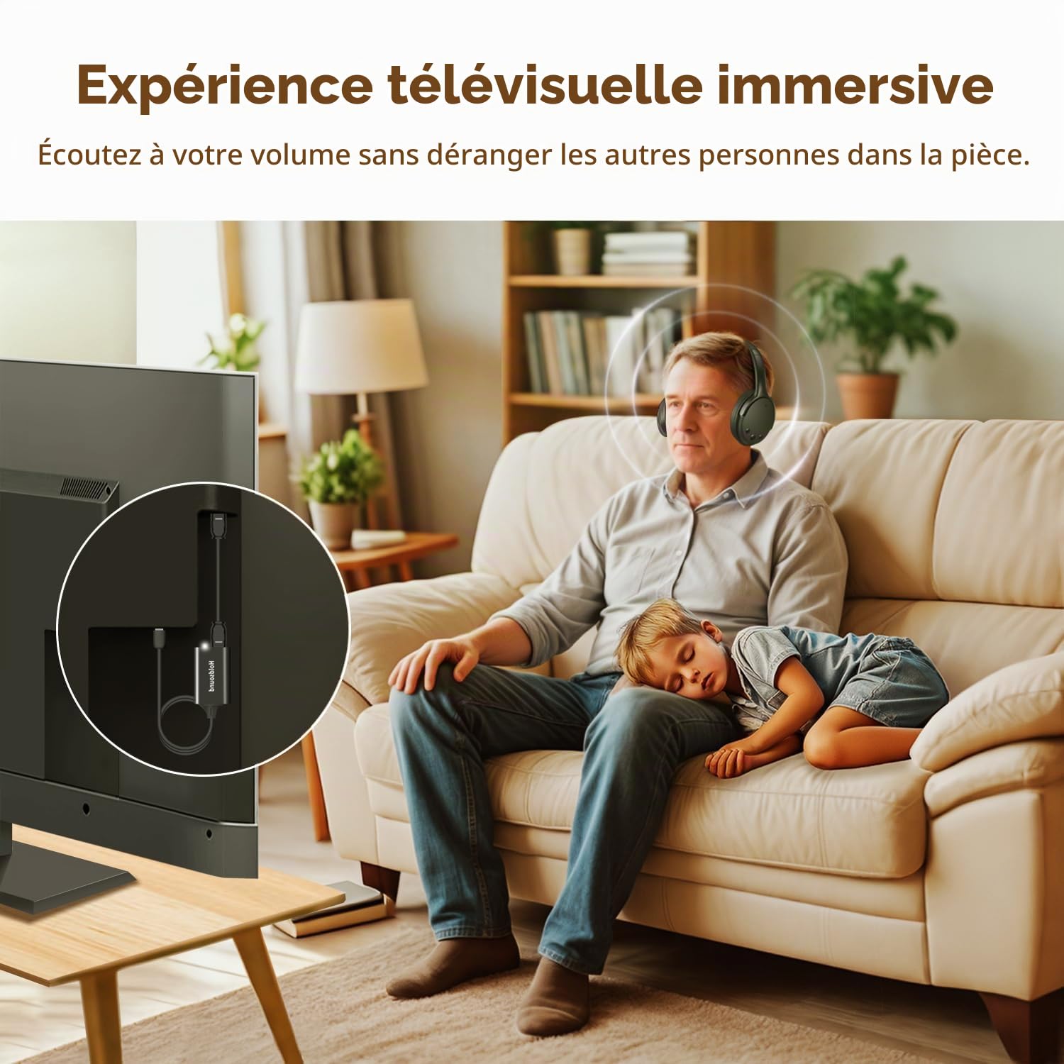 Holdsound Casque TV sans Fil avec Émetteur USB Câble Extension, Plug & Play, Son Net, Dialogues Clairs, 50m Portée sans Fil, Cuir Protéiné Mousse Mémoire, 25H d'Autonomie, pour Séniors