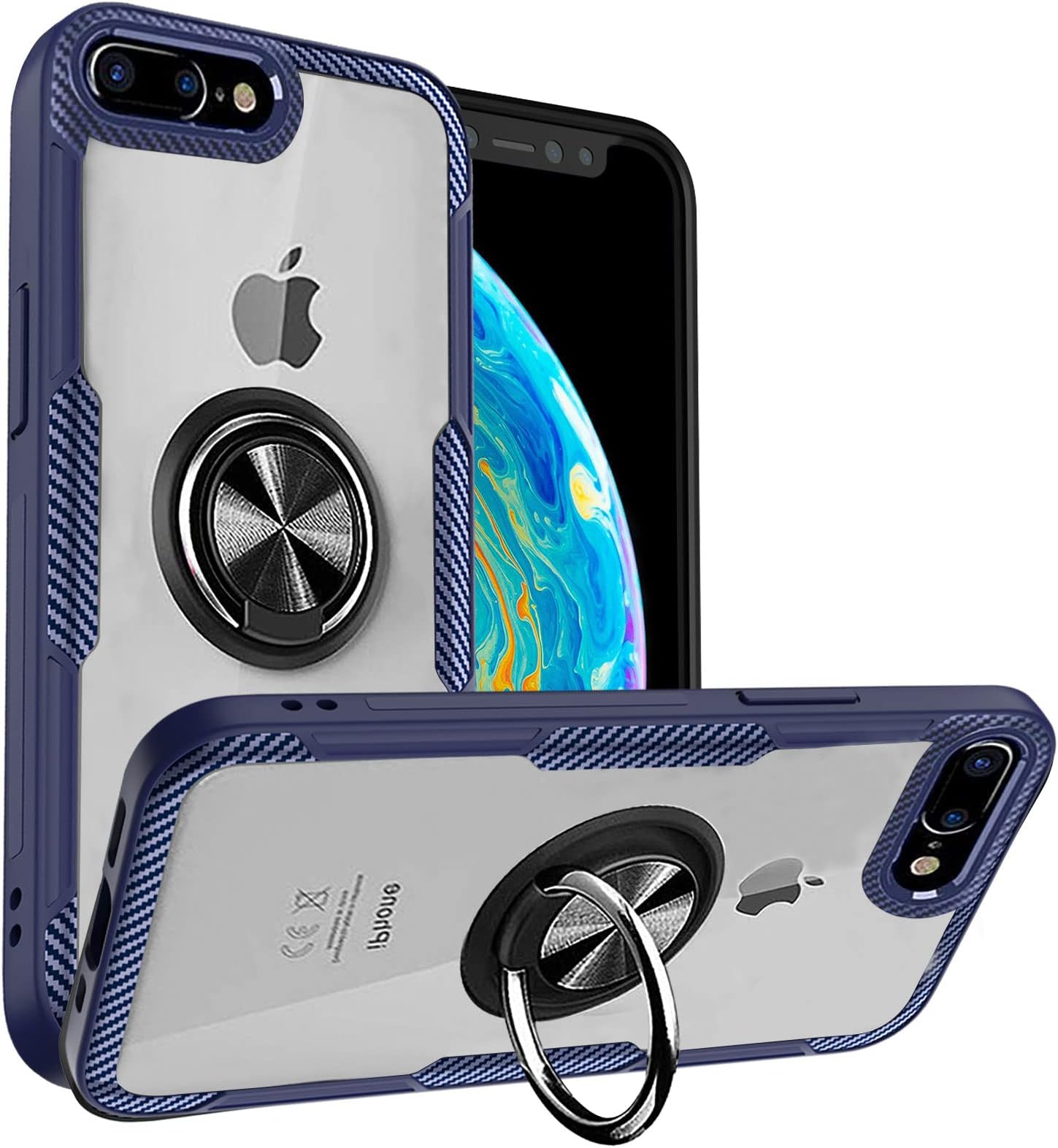 Clear Case for iPhone 8 Plus, Magnetic Kickstand Ring Holder Design, Slim Hard Plastic Back, Full Protective Cover, Compatible with iPhone 7 Plus, Clear Blue