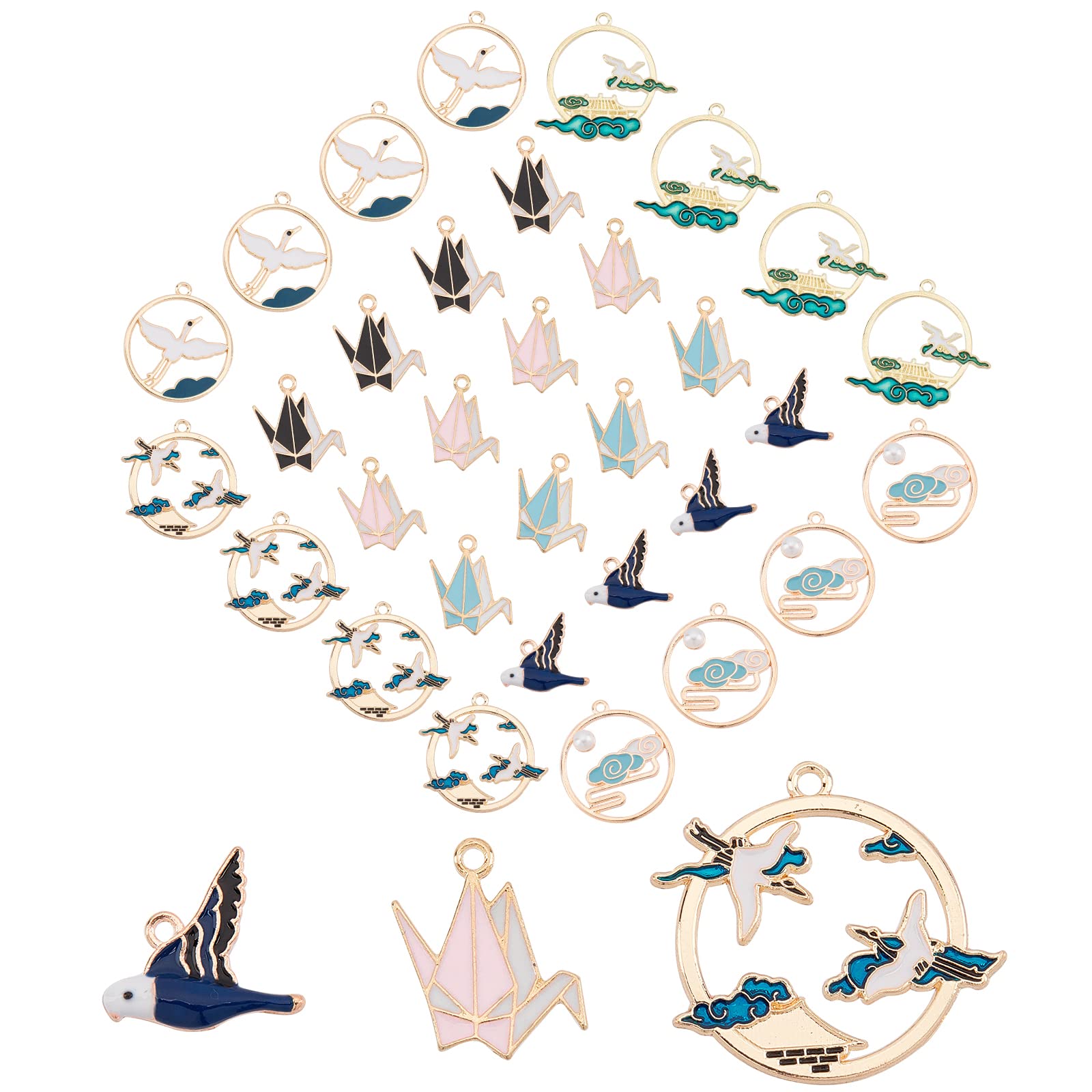 SUNNYCLUE 1 Box 32Pcs 8 Style Bird Charms Paper Crane Charms Animal Alloy Enamel Dangle Flat Round Pendants for Jewelry Making Charms DIY Christmas Necklace Bracelet Earring Supplies Accessories