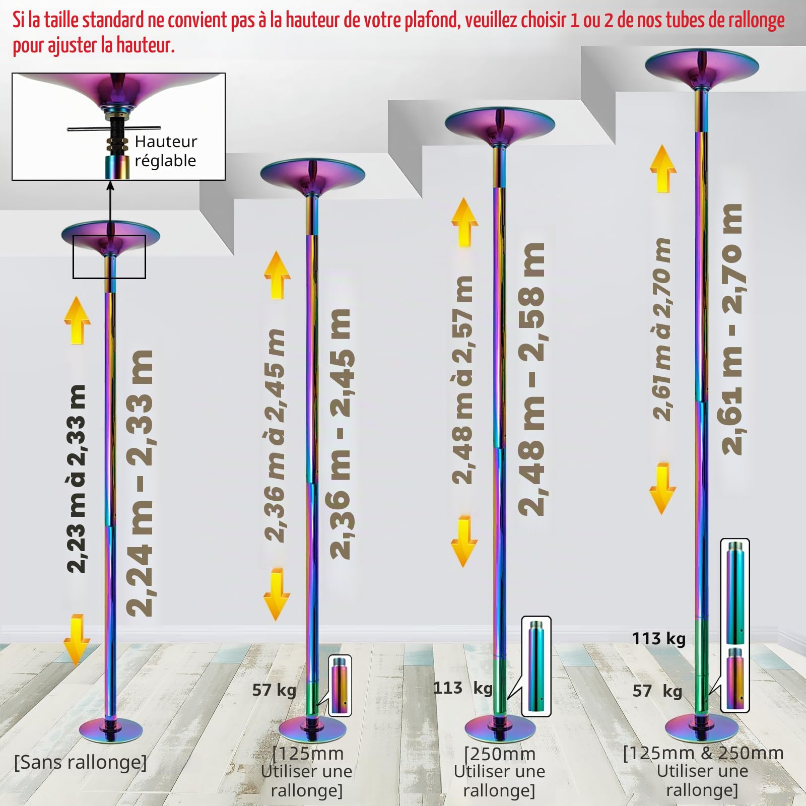 PRIOR FITNESS Barre de danse de pole dance 45 mm - Hauteur réglable de 2,35 à 2,74 m - 2 modes : rotatif/statique - Charge maximale : 200 kg - Pour club, fête