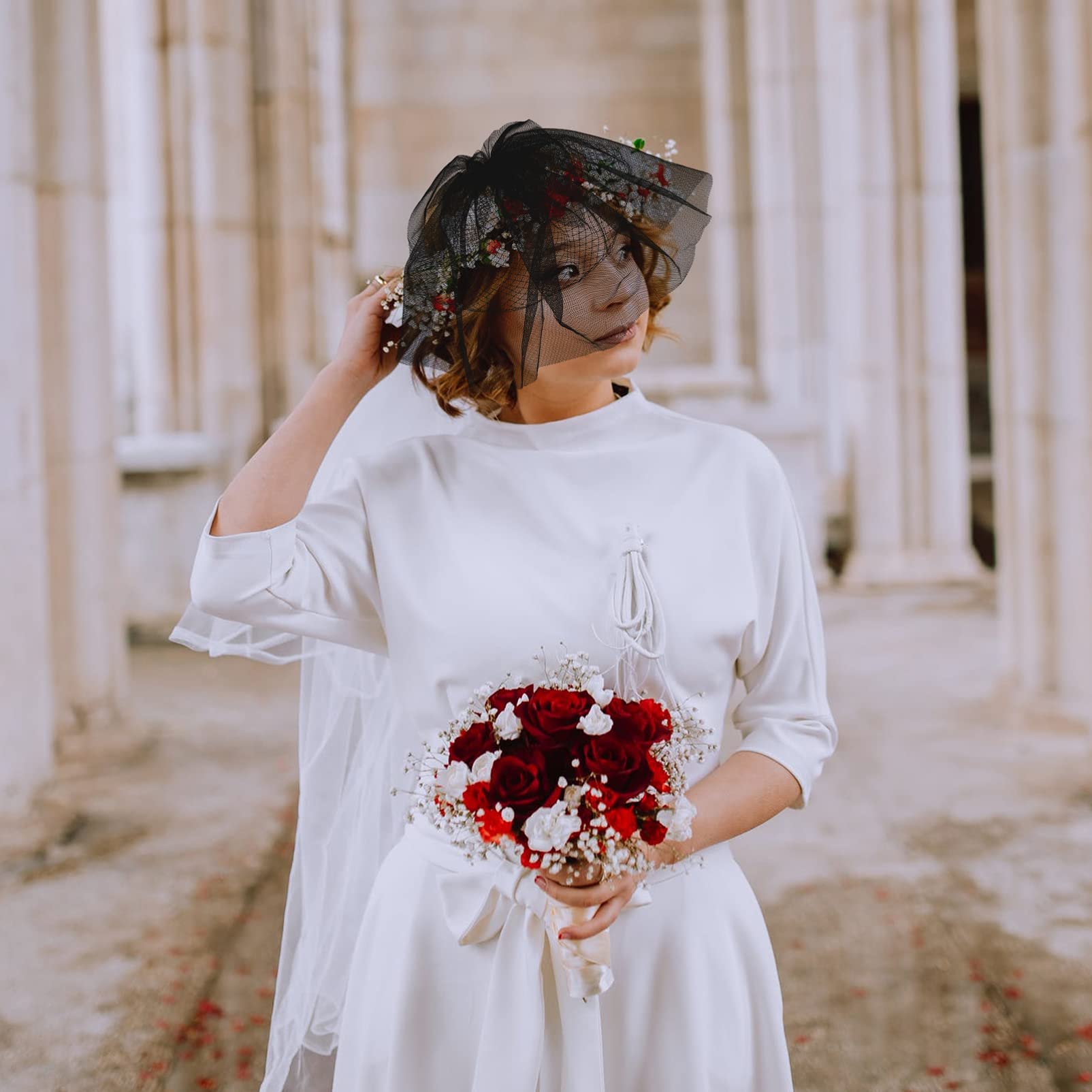 short wedding dress with birdcage veil White Birdcage Bridal Veil with Bow Short Bride Veil w/ Bow-Knot Lydia Barrette