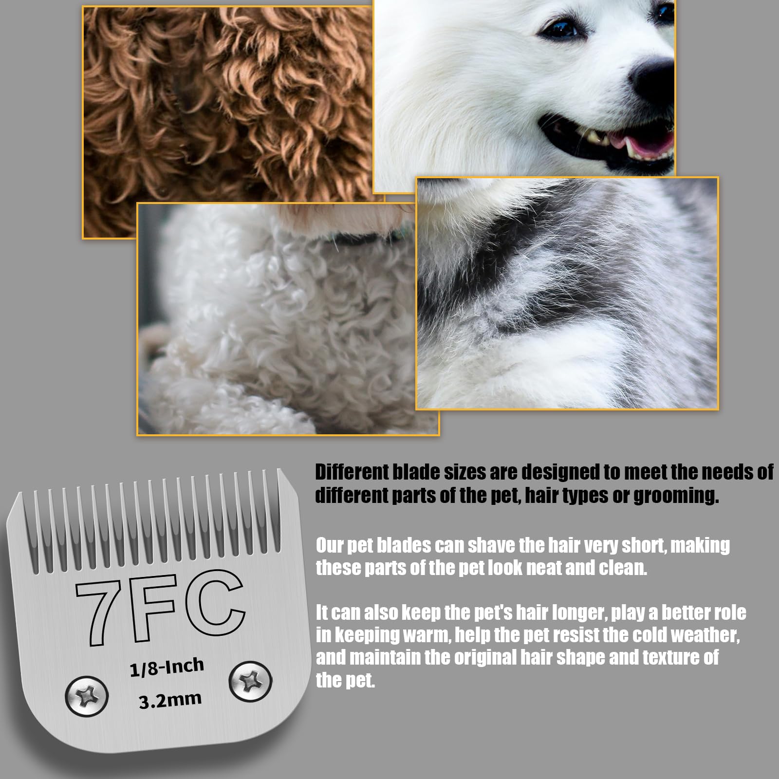 Confezione da 3 lame in acciaio inossidabile 7FC per toelettatura di cani, compatibili con Andis, Oster A5,/Heiniger/moser max 50/Wahl, misura 7FC, lama da 1/8 di pollice, lunghezza di taglio 3,2 mm