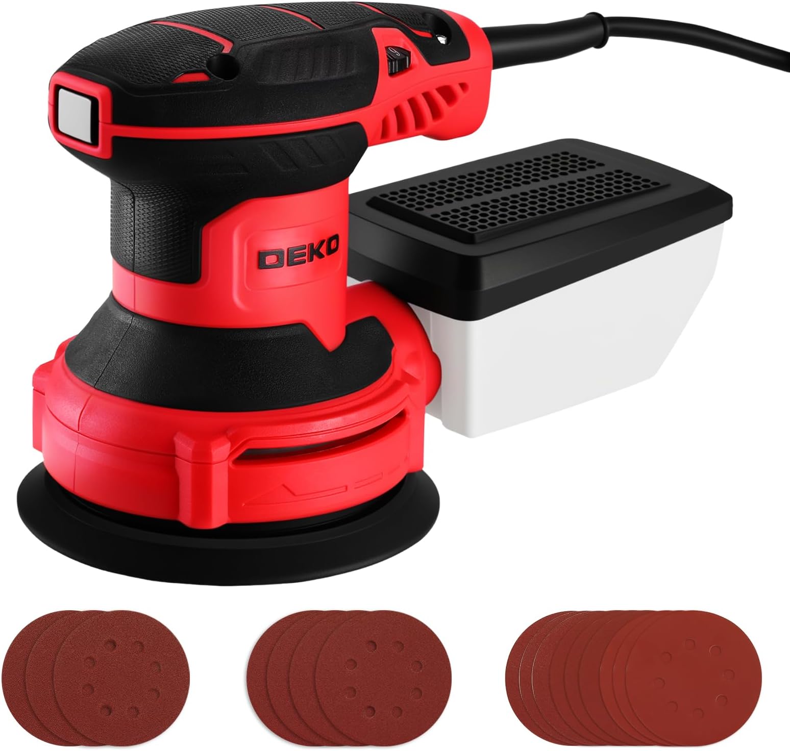 DEKOPRO Random Orbit Sander 300W 2.5A with 16Pcs Sandpapers, 6 Variable Speed 14000RPM, 5 Inches Hand Electric Tool, Dust Removal Function, Fit for Woodworking/Sanding