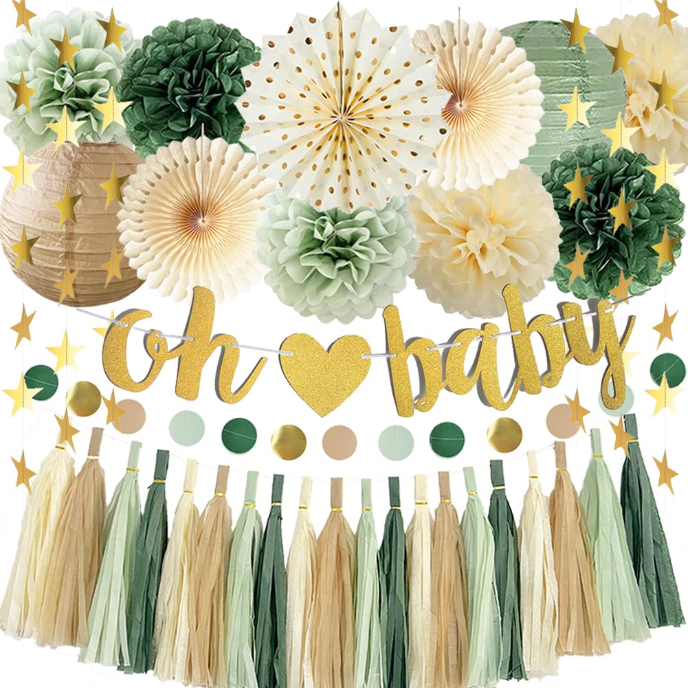 Sage Green Baby Shower Decorations Neutral Baby Shower Decorations Gold Oh Baby Banner Olive Sage Green Paper Pom Poms Paper Tassel Garlands Gender Reveal Party Decor