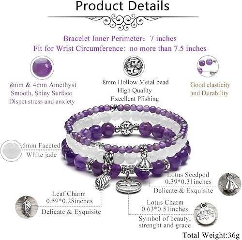 Miniatura 5 de Jovivi - 3 pulseras de cuentas de cristal de cuarzo rosa amatista para chakras, energía natural de curación, cuentas de loto, piedra reiki,