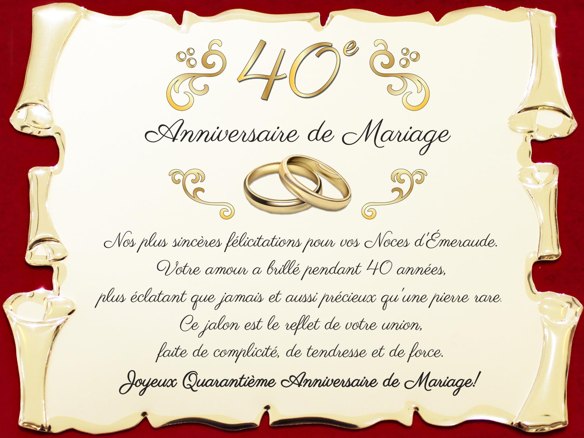 Placa de recuerdo elegante para 40º aniversario de boda | Regalo cuadragésimo | Bodas de Esmeralda | Pergamino de metal dorado decorativo con dedicatorio (rojo, 40 años)