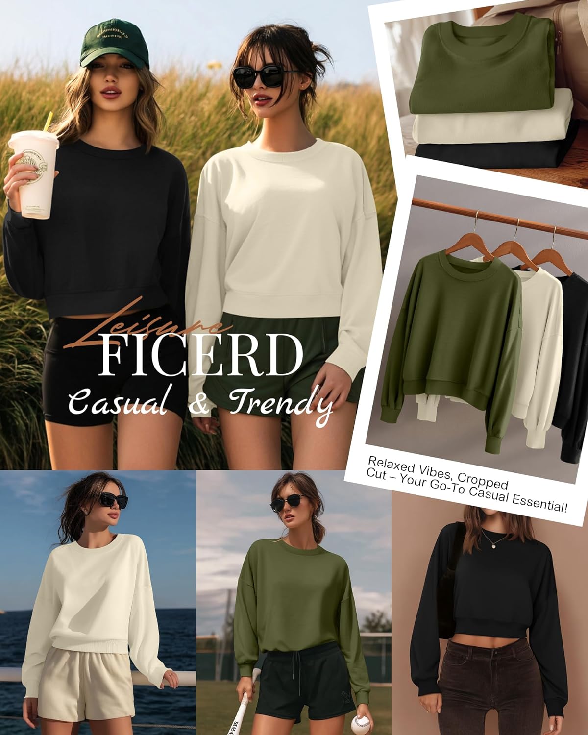 Ficerd 3 Pack Women's Cropped Sweatshirts Long Sleeve Cotton Crew Neck Pullover Tops Casual Solid Sweat Shirts(Black, Cream Apricot, Army Green,S) - Image 5