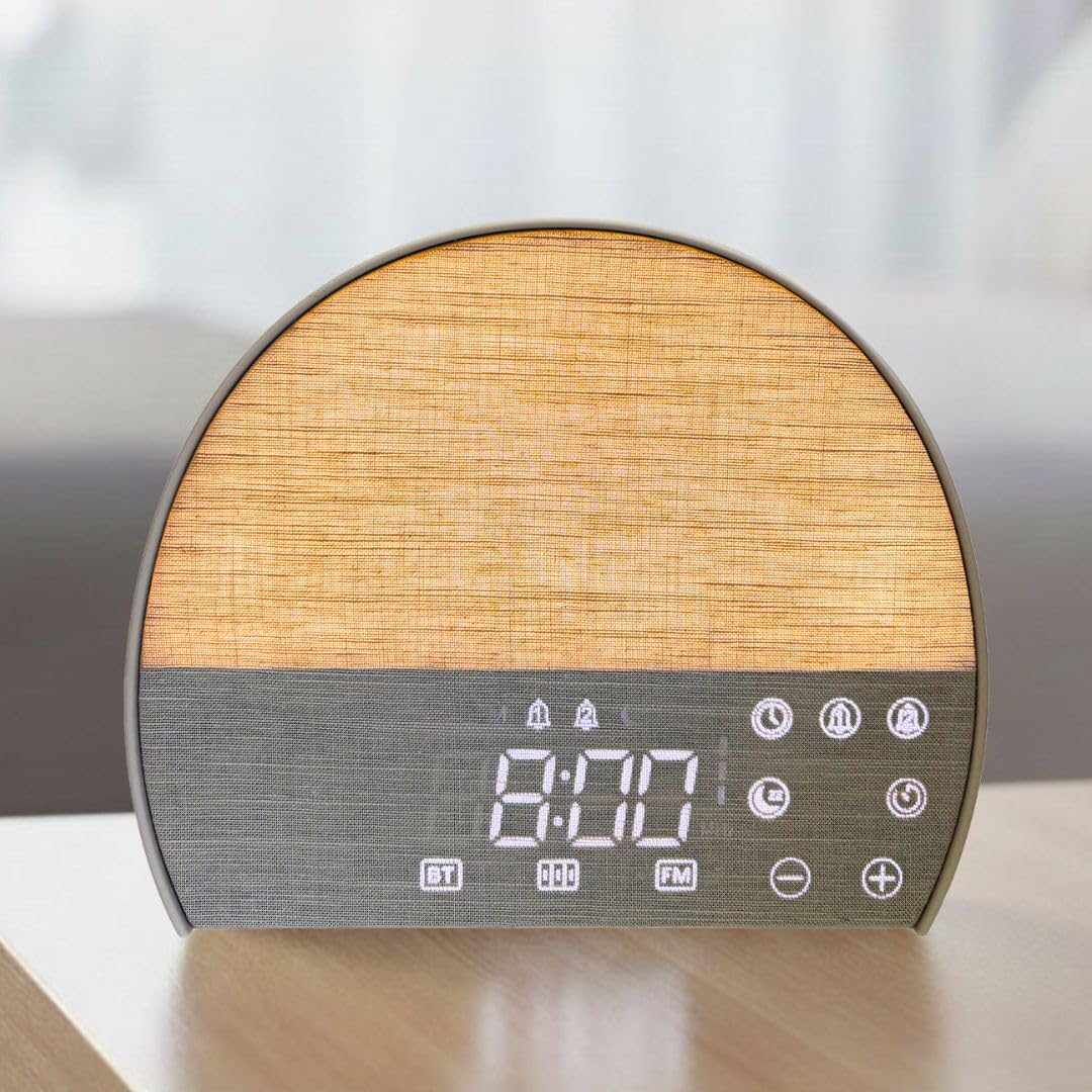 Budzik wschodu słońca, relaksujące dźwięki, biały dźwięk, głośnik Bluetooth, radio FM, minutnik snu, regulowana jasność, podwójny budzik, lampka nocna, aby poprawić Twoje poranki