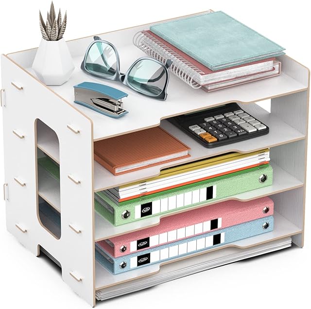 JOPOO Office File Tray, A4 Desk Tidy Organiser, 4 Tier Document/Paper/Letter Tray (white)