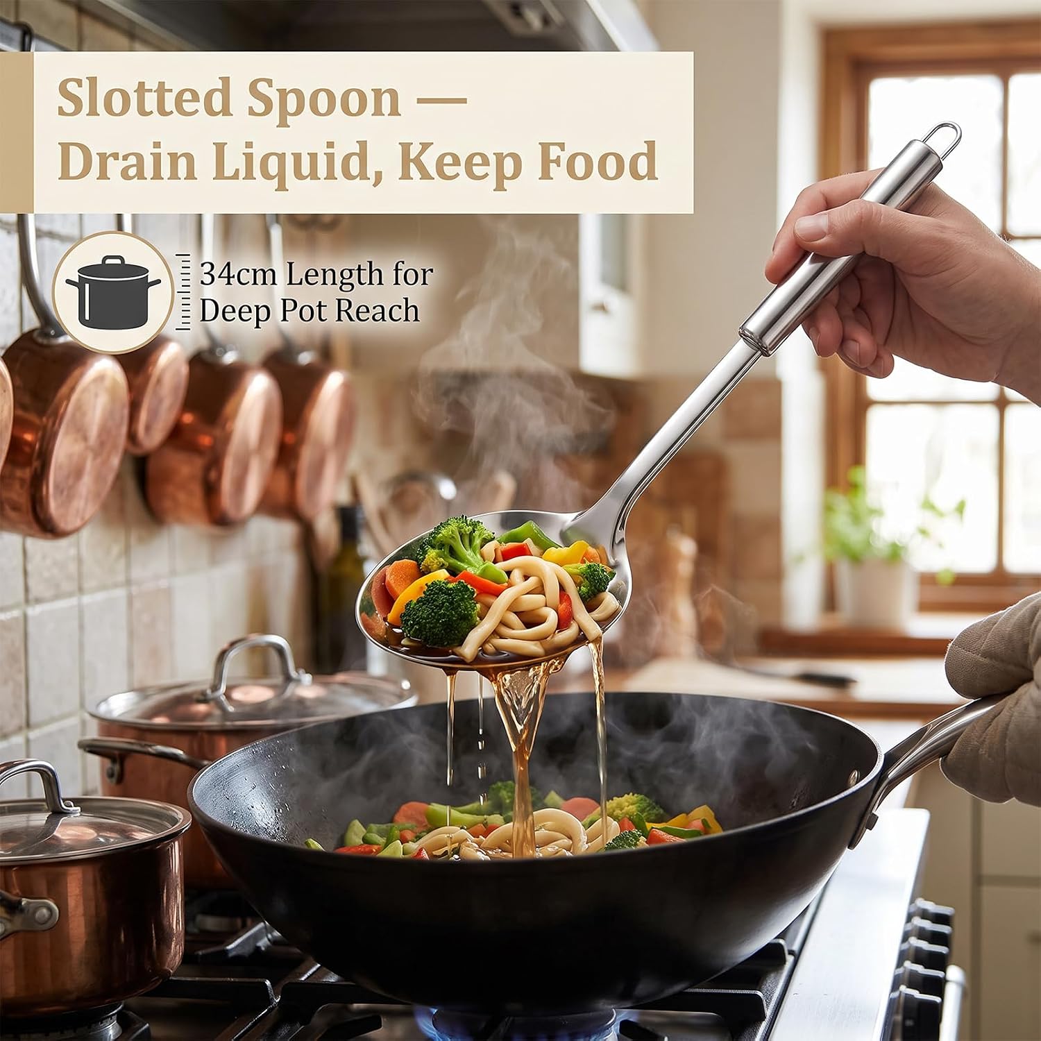 2PC Stainless Steel Skimmer Spoon Set, Slotted Spoon & Spider Strainer Ladle