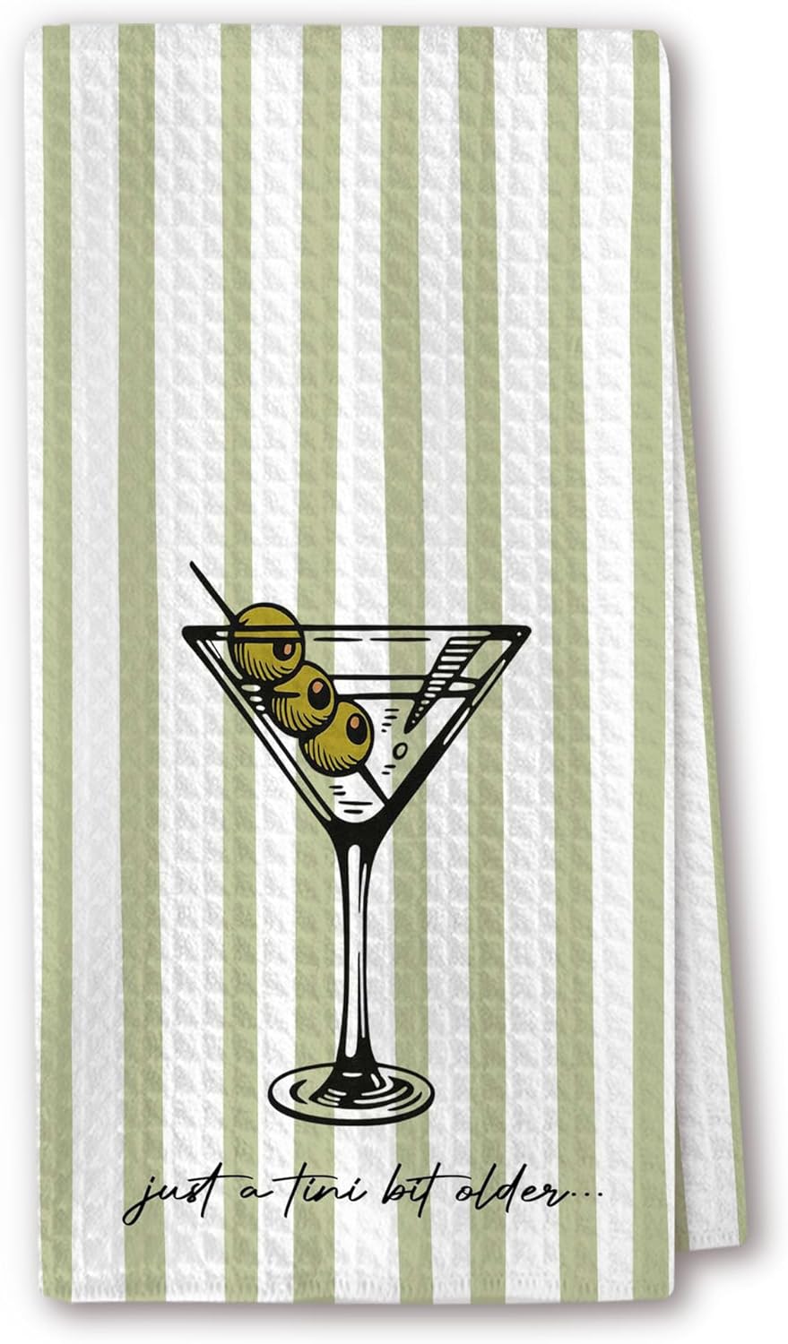 Cute Kitchen Towels - Martini Glass with Olives On Sage Stripes, Cocktail Bar Art, Absorbent Microfiber Dish Towels for Kitchen, Chic Tea Towel, Giftable Hostess Gifts for Women - 16"x24"(239)